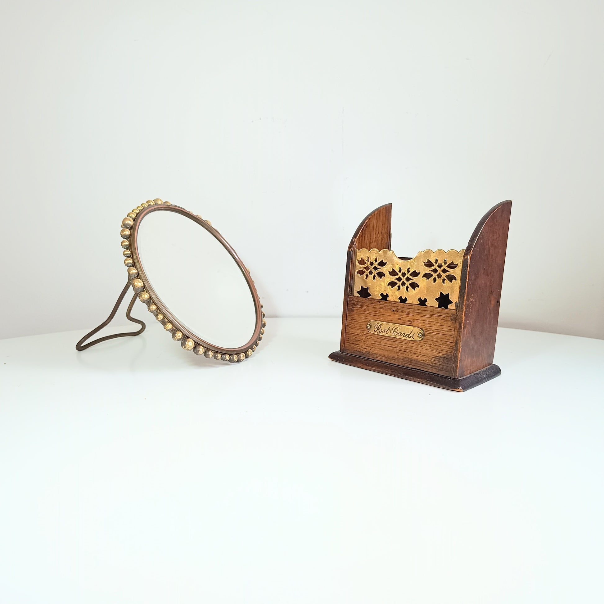 Victorian oak and brass small Tabletop letter rack styled with copper mirror 