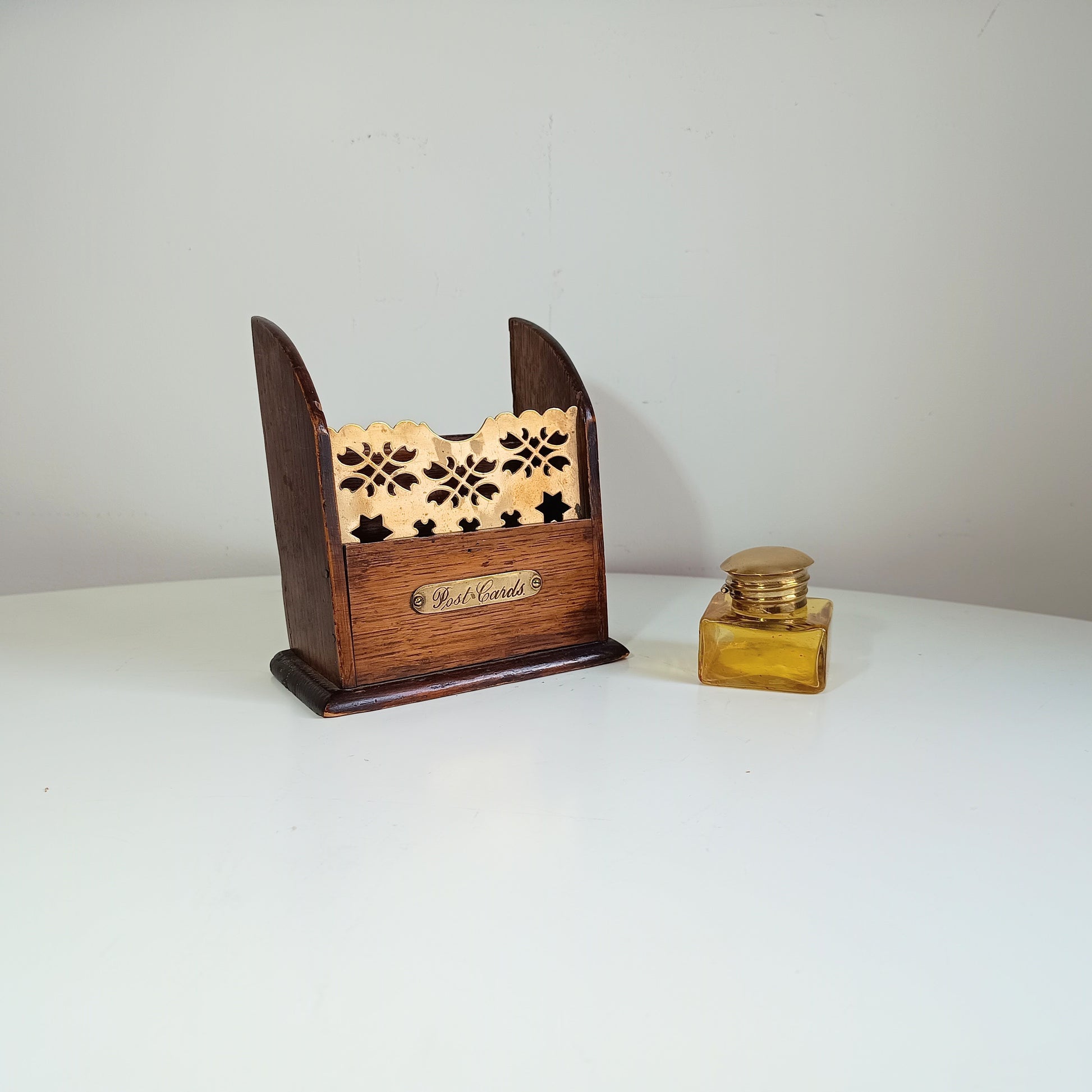 Victorian oak and brass small Tabletop letter rack with yellow glass antique Inkwell 