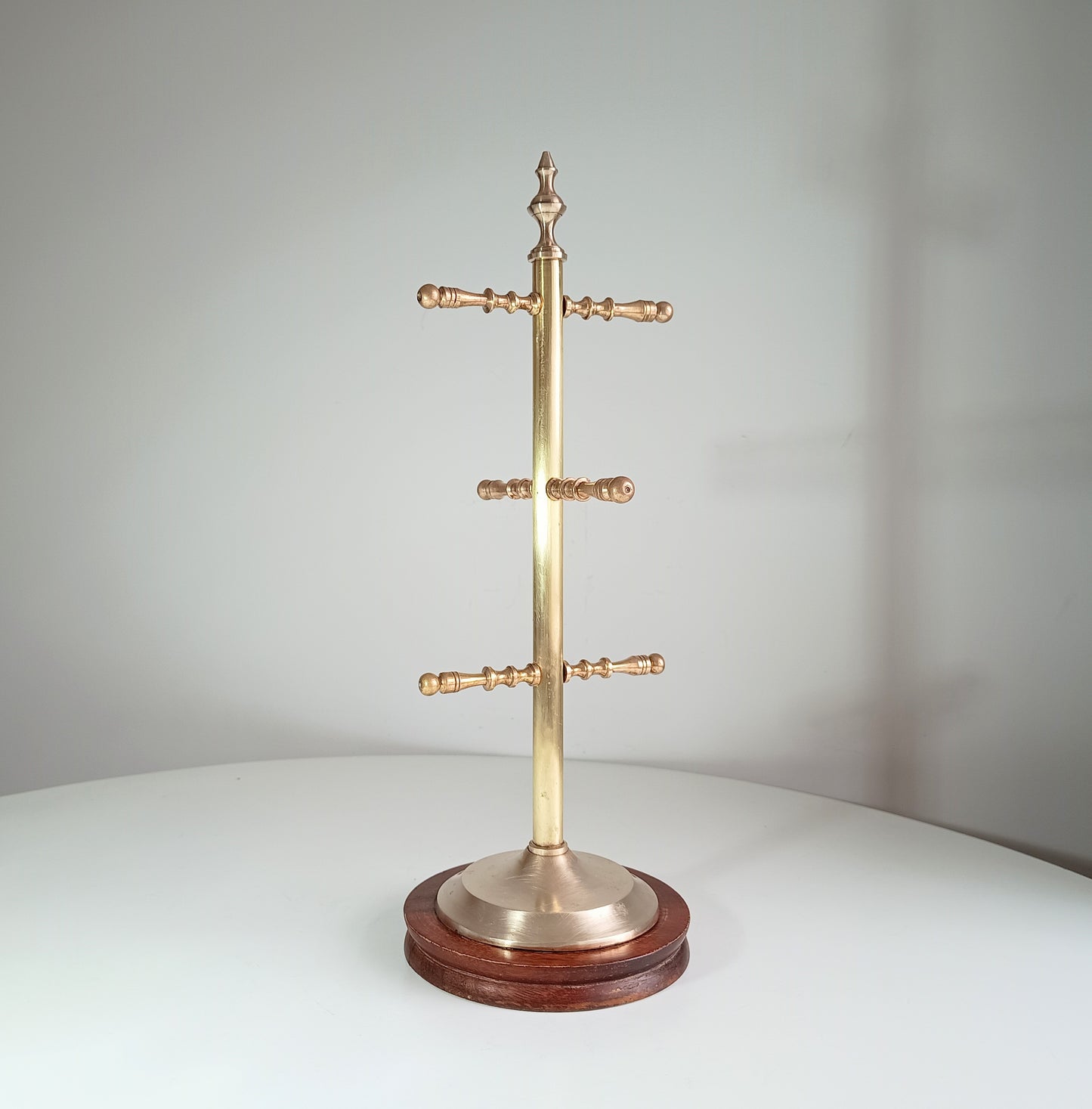 Vintage 16 inches Tall Brass Tea Cups Holder or Coffee Mugs Display or Mug Tree in Good Clean Condition on Mahogany Circular Wooden Pedestal