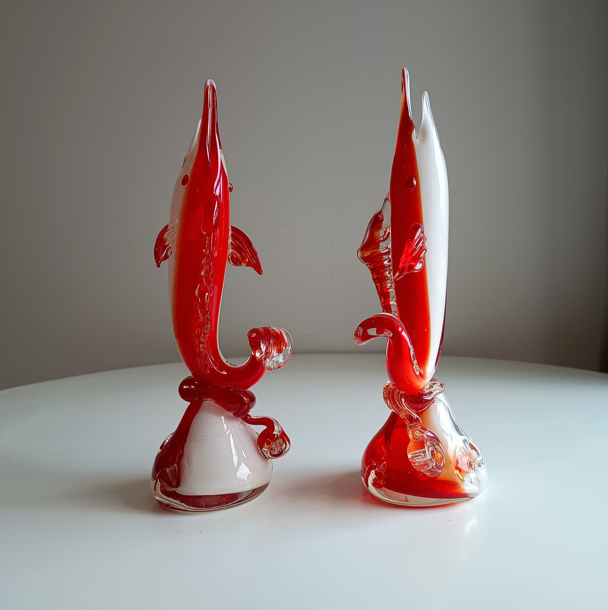 Cased Ruby over Opaque Lattimo Art Glass Solifleur Murano Swordfish Vases amber rigaree fins, lobed foot, pontil,  Alfredo Barbini
