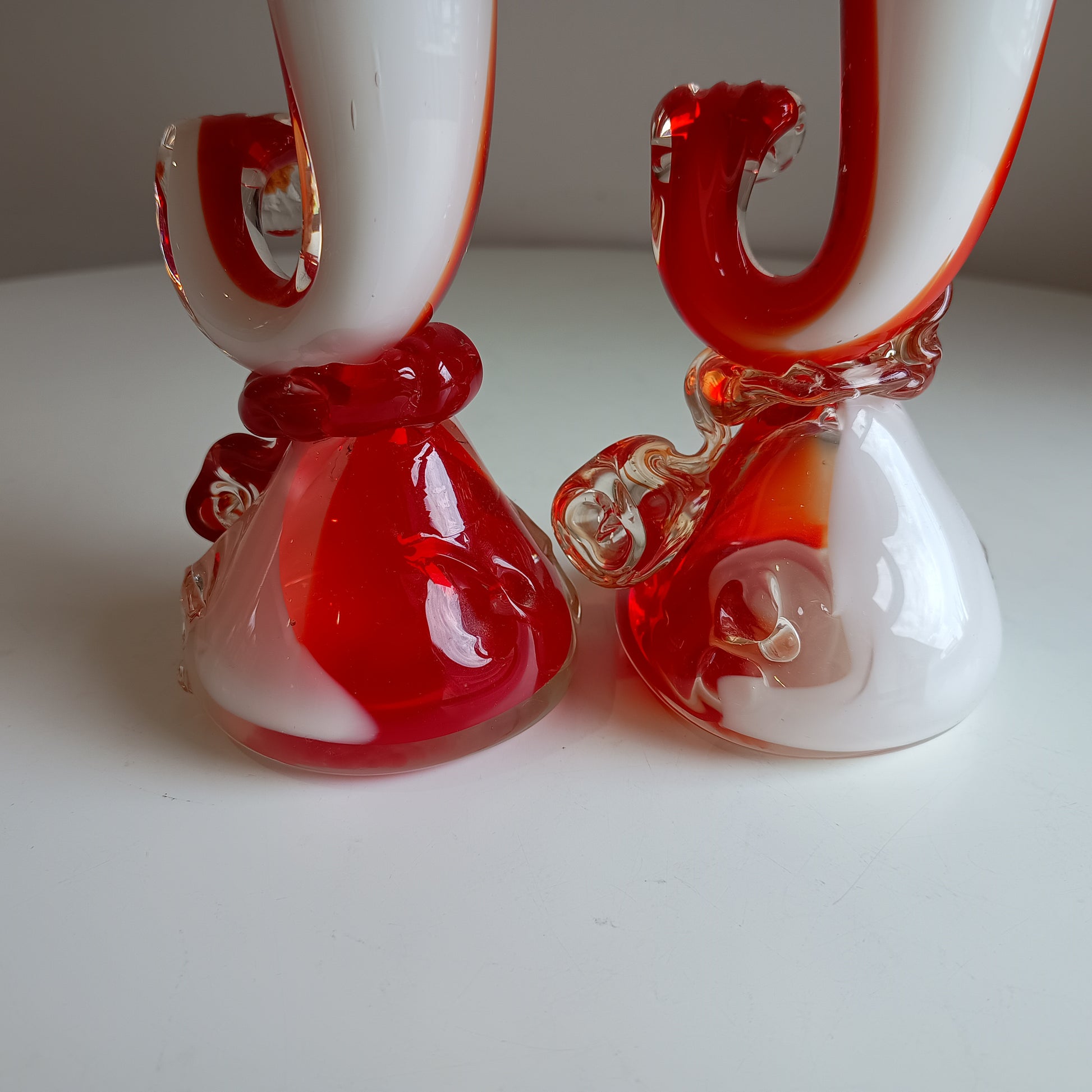 Cased Ruby over Opaque Lattimo Art Glass Solifleur Murano Swordfish Vases amber rigaree fins, lobed foot, pontil,  Alfredo Barbini