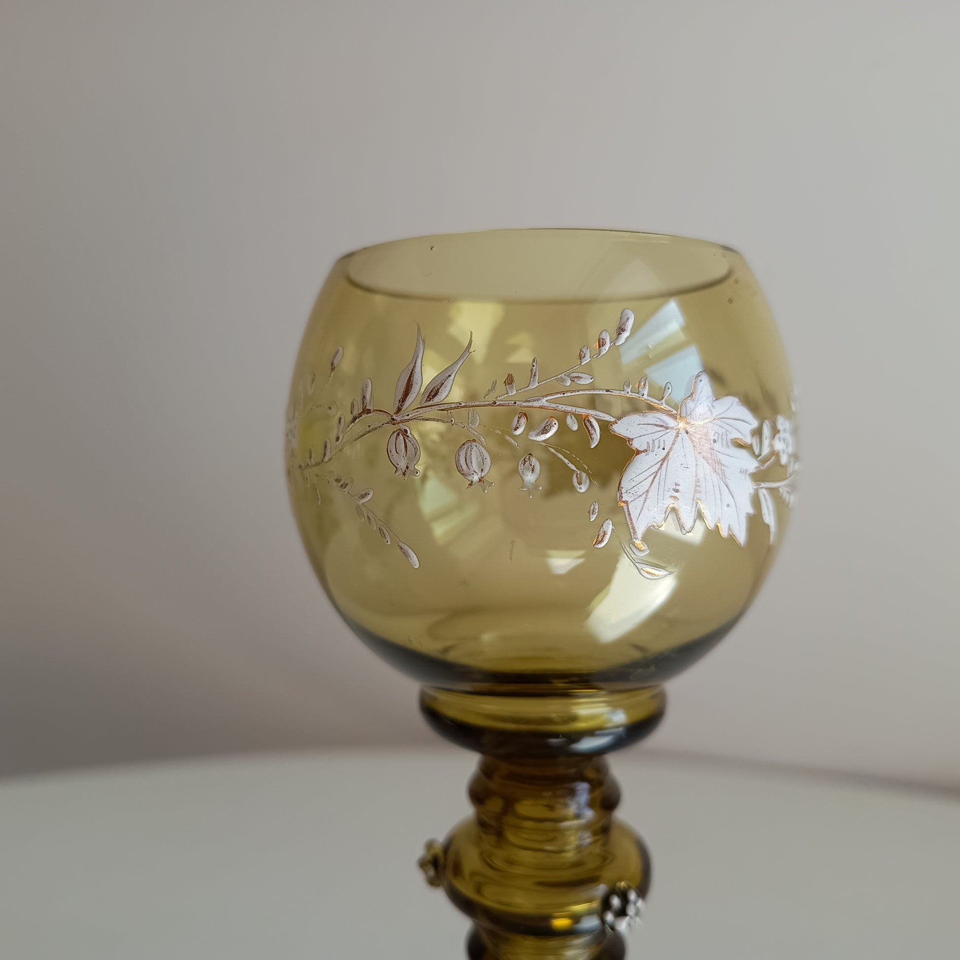 Jugendstil Fritz Heckert Enamelled Olive Green Stem Goblet Wine Glass