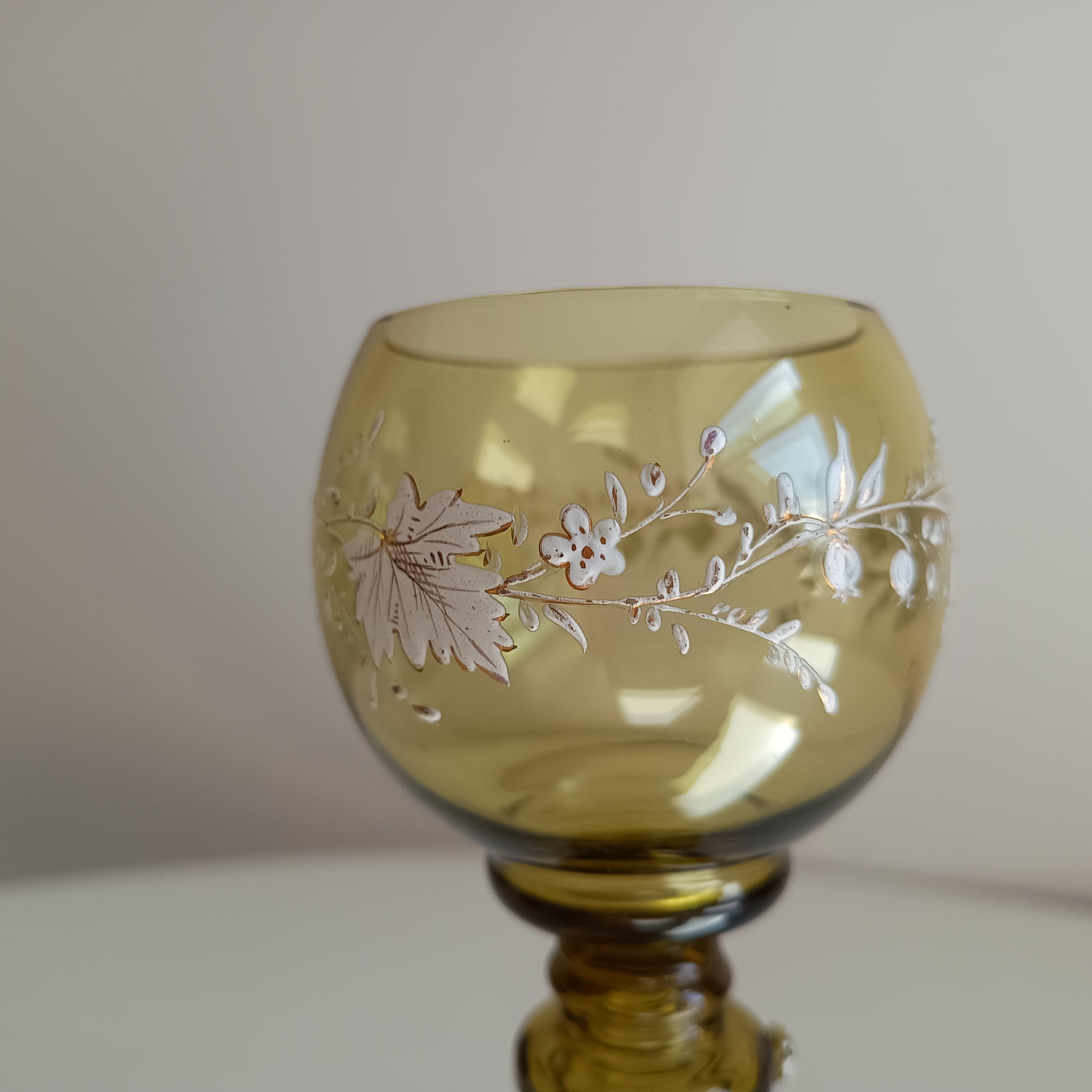 Jugendstil Fritz Heckert Enamelled Olive Green Stem Goblet Wine Glass