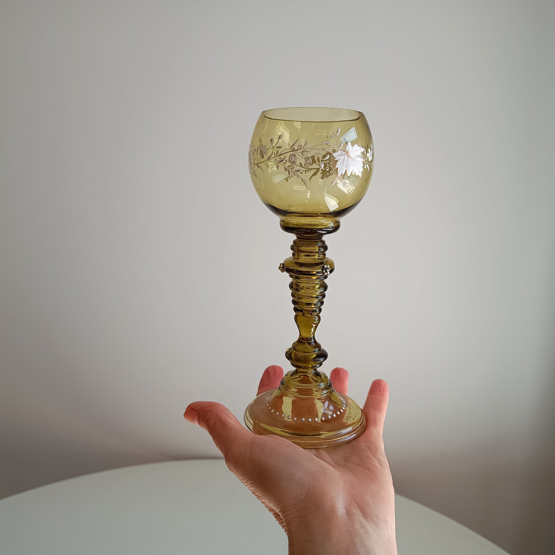 Jugendstil Fritz Heckert Enamelled Olive Green Stem Goblet Wine Glass