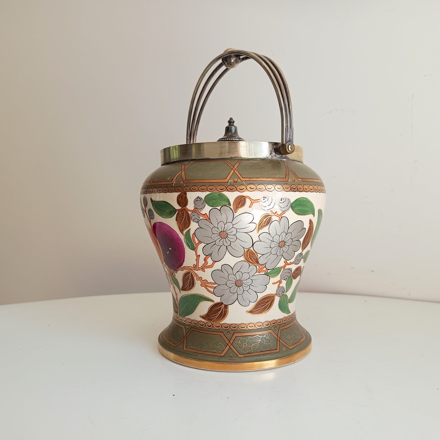 Early 1860 English Hand Painted Ceramic And Silver Plate Lid Baluster Shaped Biscuit Barrel Or Cookies Jar, Floral And Fruit Decor