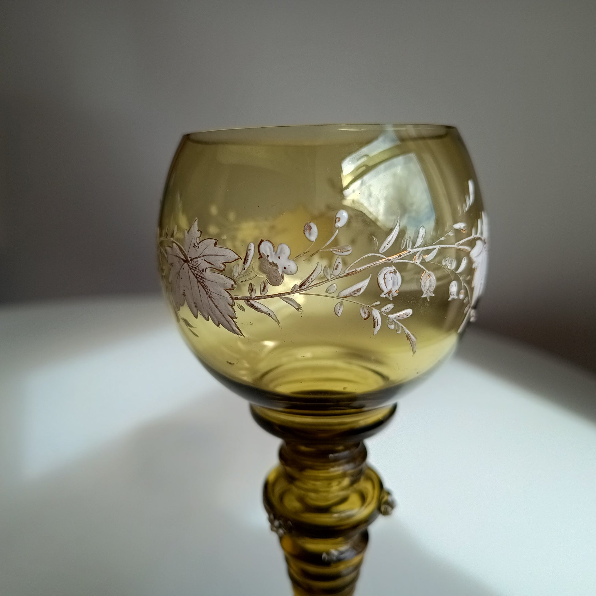 Jugendstil Fritz Heckert Enamelled Olive Green Stem Goblet Wine Glass