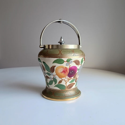 Early 1860 English Hand Painted Ceramic And Silver Plate Lid Baluster Shaped Biscuit Barrel Or Cookies Jar, Floral And Fruit Decor