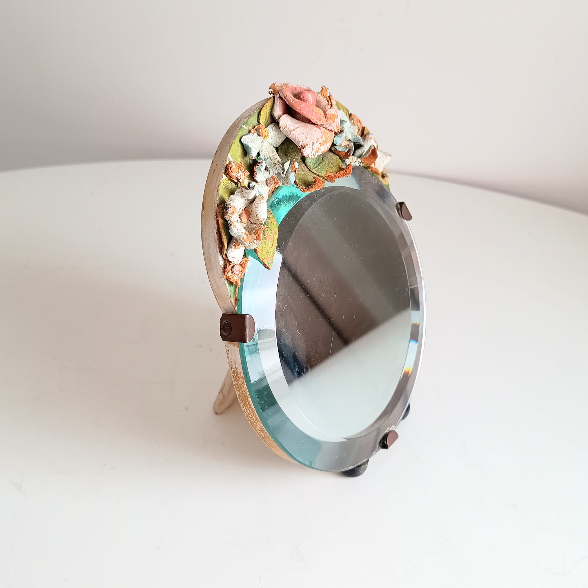 Authentic Vintage English Small Barbola Mirror with Painted Leather Flowers