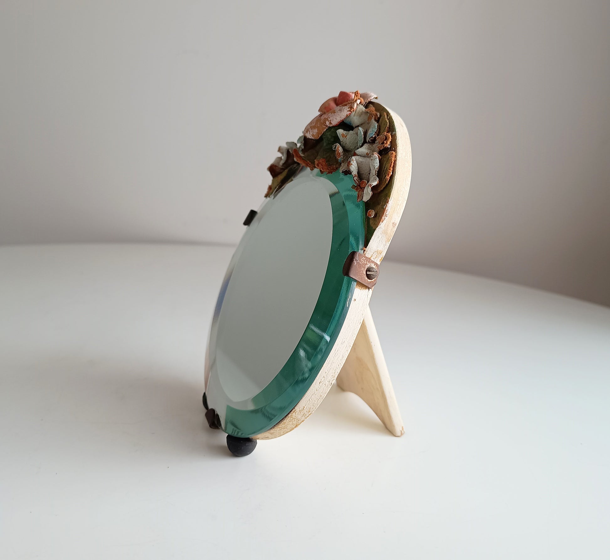 Authentic Vintage English Small Barbola Mirror with Painted Leather Flowers