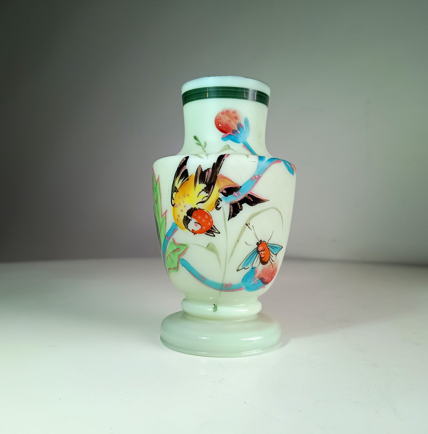 Vintage Uranium Opaline Glass Cabinet Vase: Aesthetic Movement Japonisme Enamel