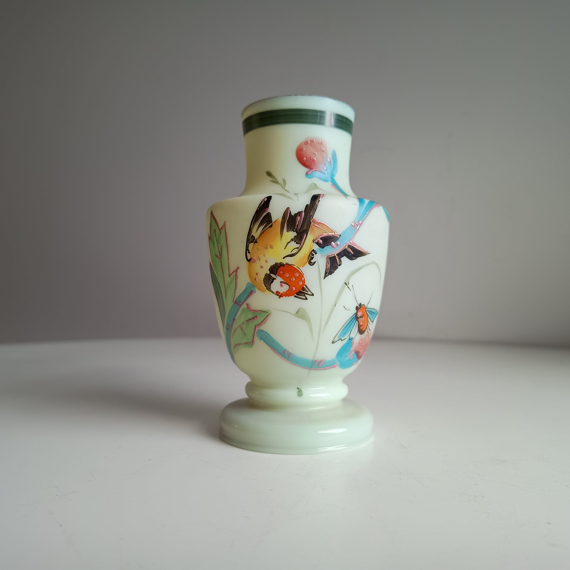 Vintage Uranium Opaline Glass Cabinet Vase: Aesthetic Movement Japonisme Enamel