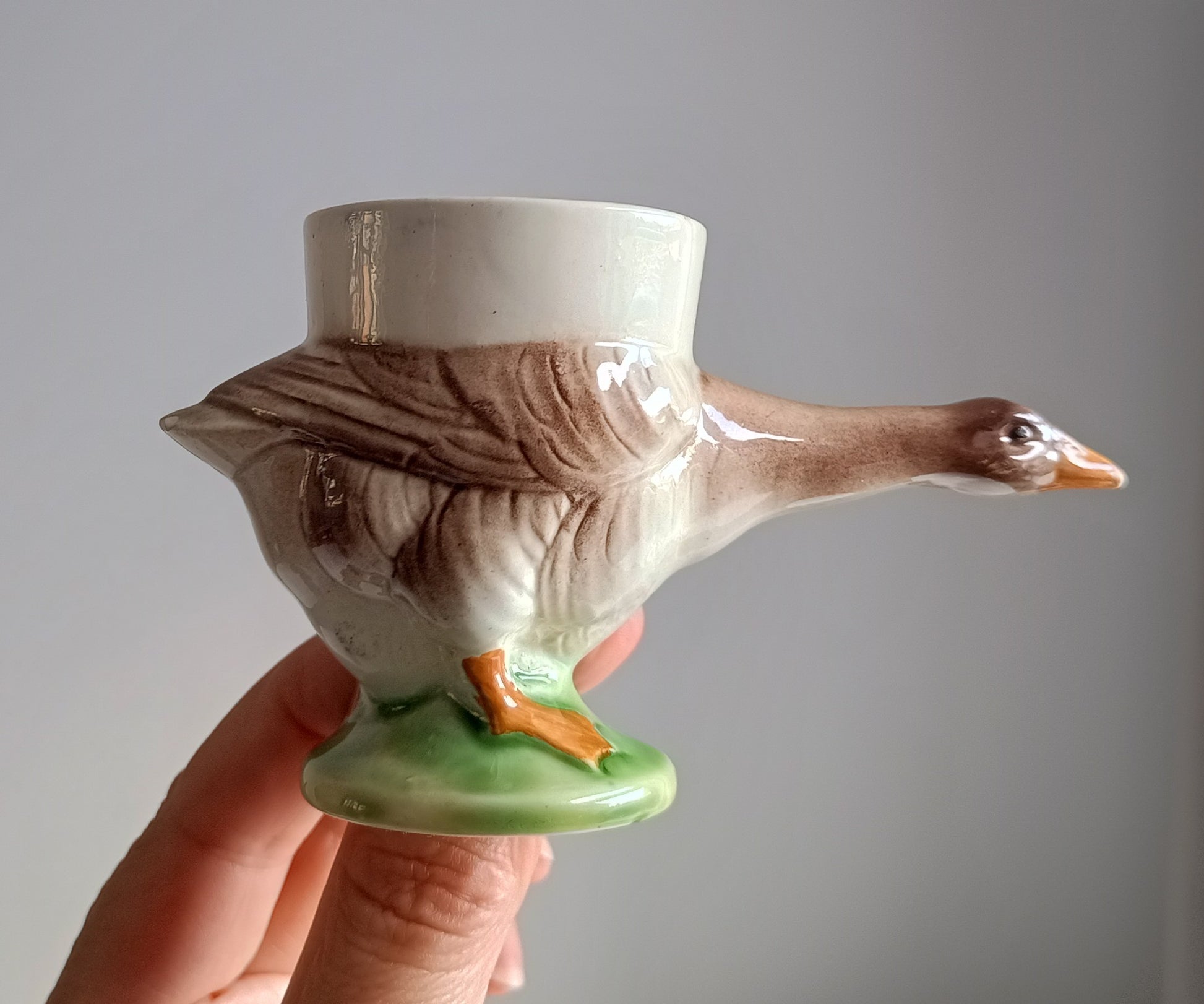 Vintage Sarreguemines Zoomorphic Majolica Egg: Cup Figural Goose