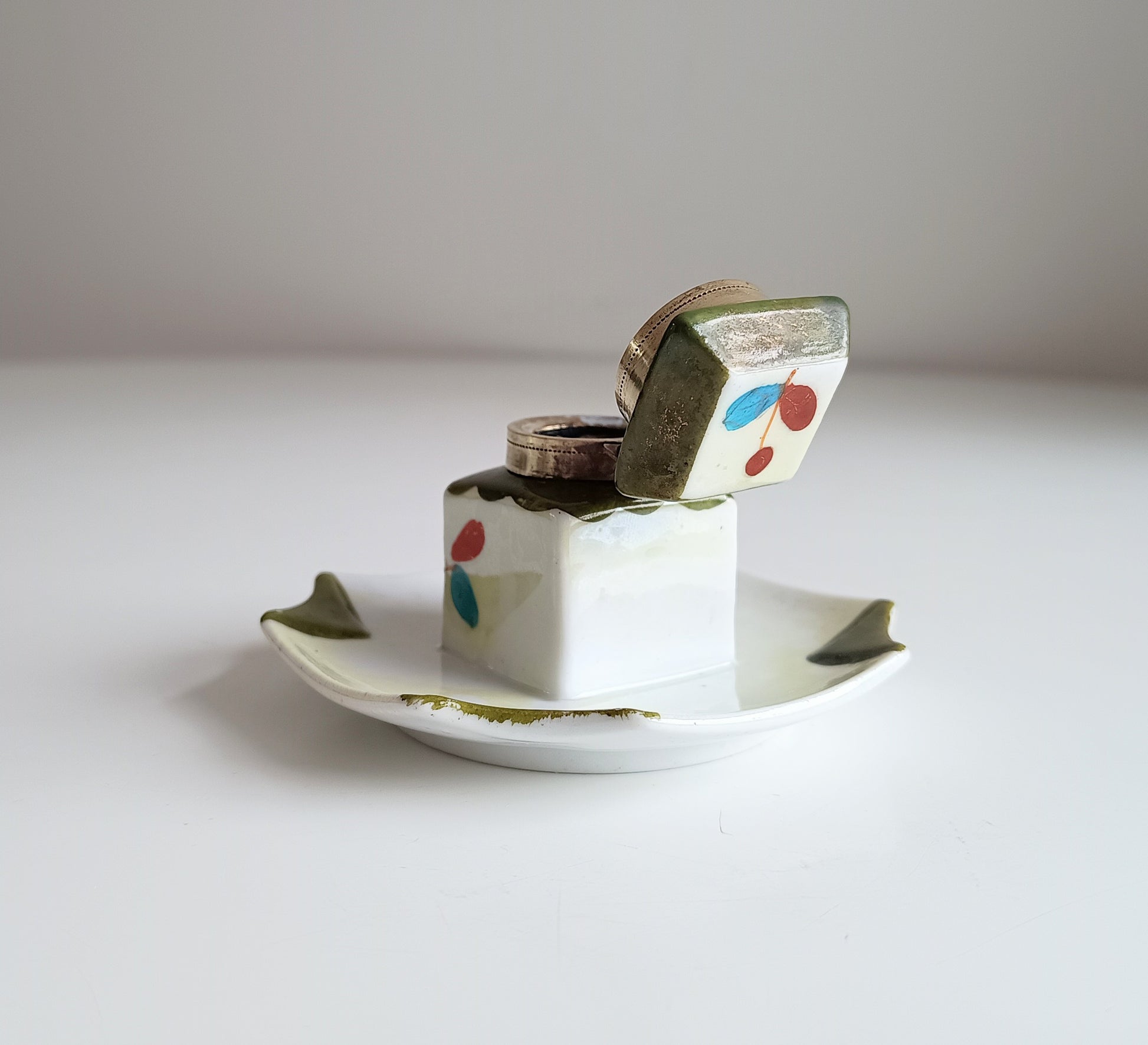 Small Antique Ceramic Edwardian Inkwell - Integrated Base, Hand Enamelled Decor
