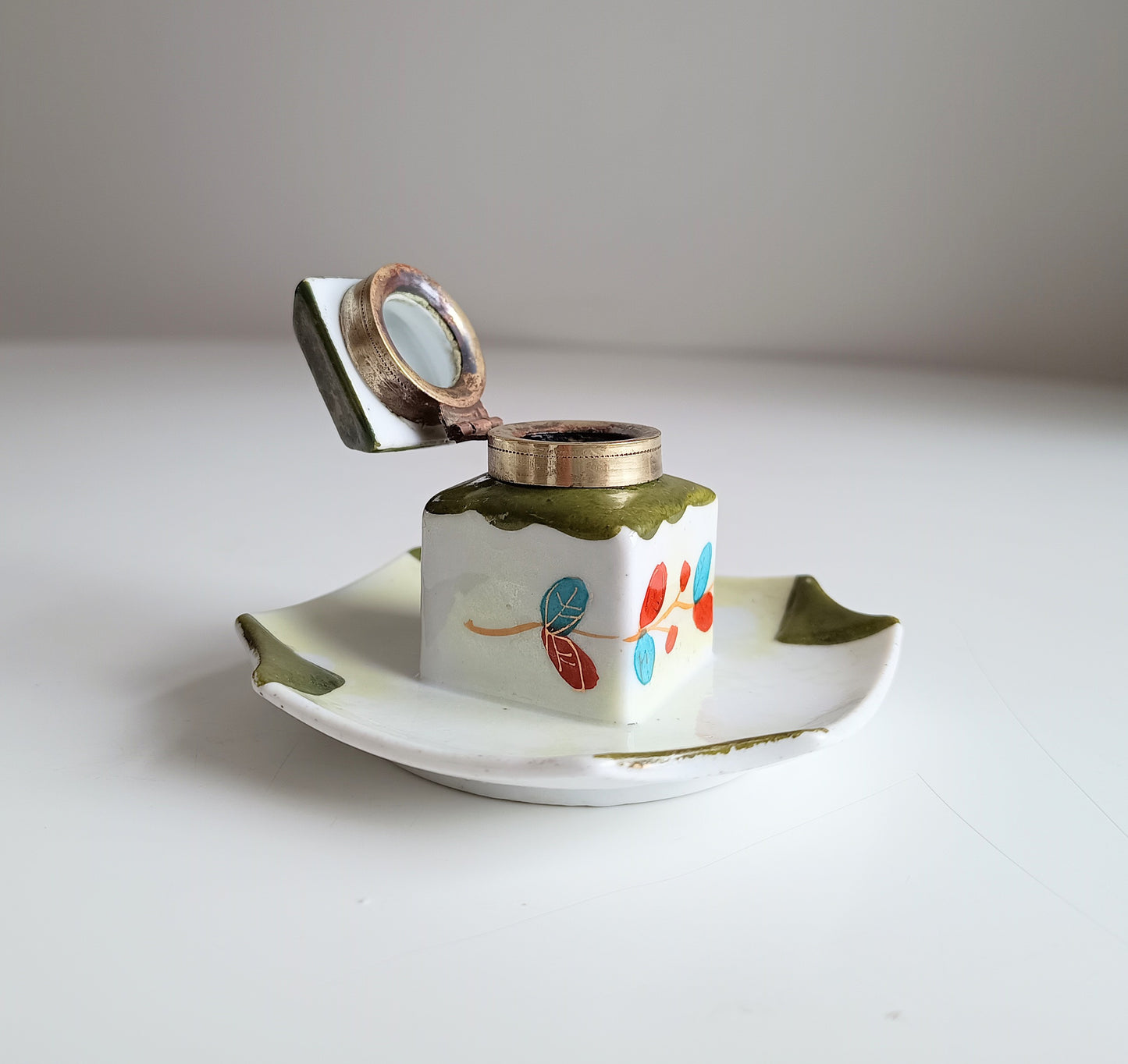 Small Antique Ceramic Edwardian Inkwell - Integrated Base, Hand Enamelled Decor