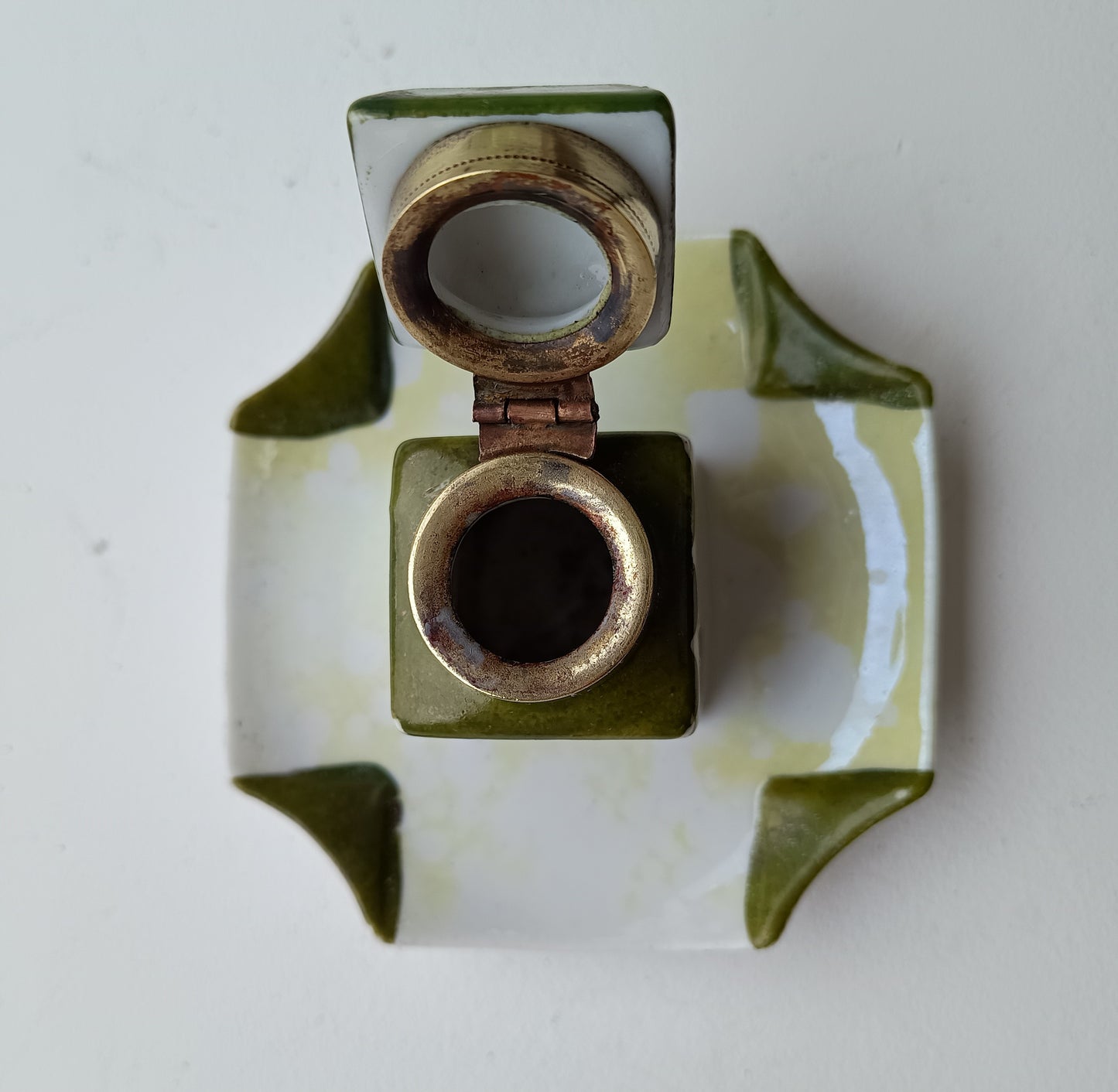 Small Antique Ceramic Edwardian Inkwell - Integrated Base, Hand Enamelled Decor