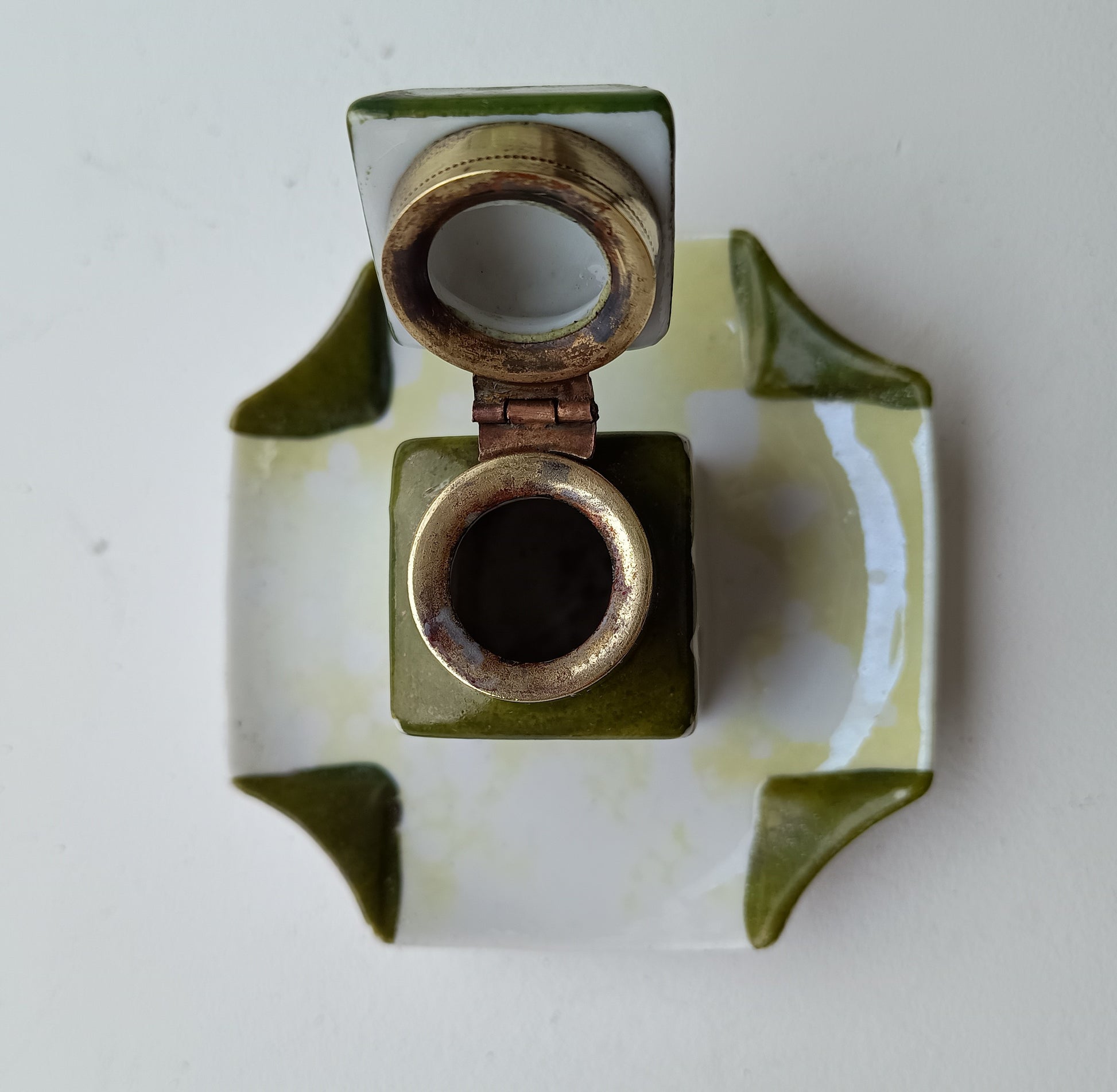 Small Antique Ceramic Edwardian Inkwell - Integrated Base, Hand Enamelled Decor