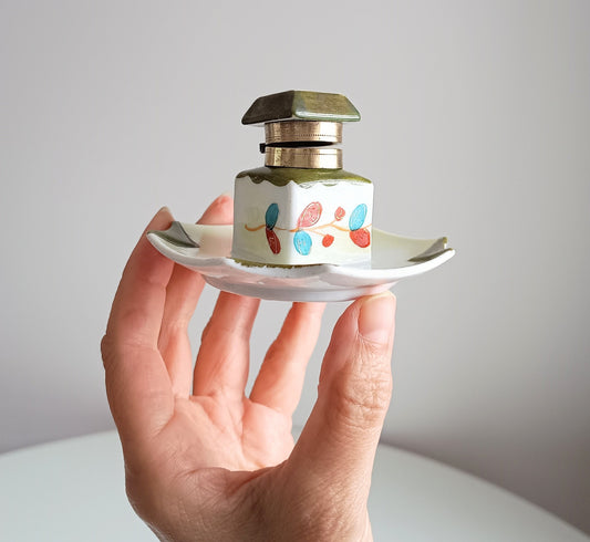 Small Antique Ceramic Edwardian Inkwell - Integrated Base, Hand Enamelled Decor