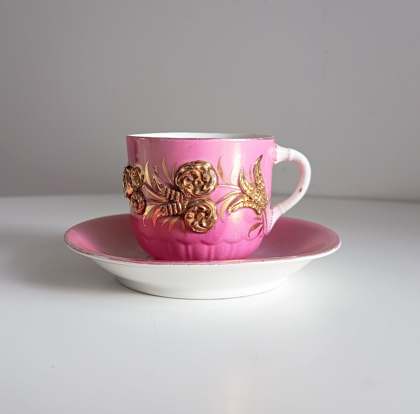 Antique Pink Lustre Tea Cup and Saucer Duo, Raised Gilt Floral Decor