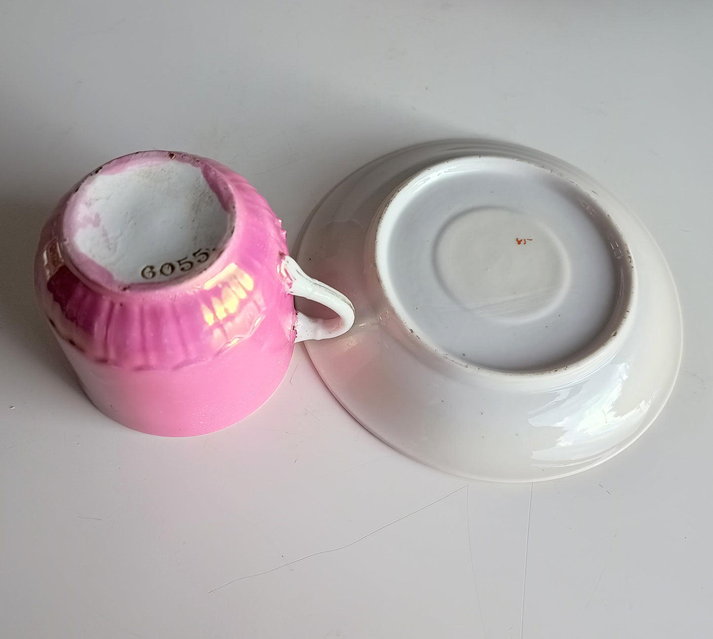 Antique Pink Lustre Tea Cup and Saucer Duo, Raised Gilt Floral Decor