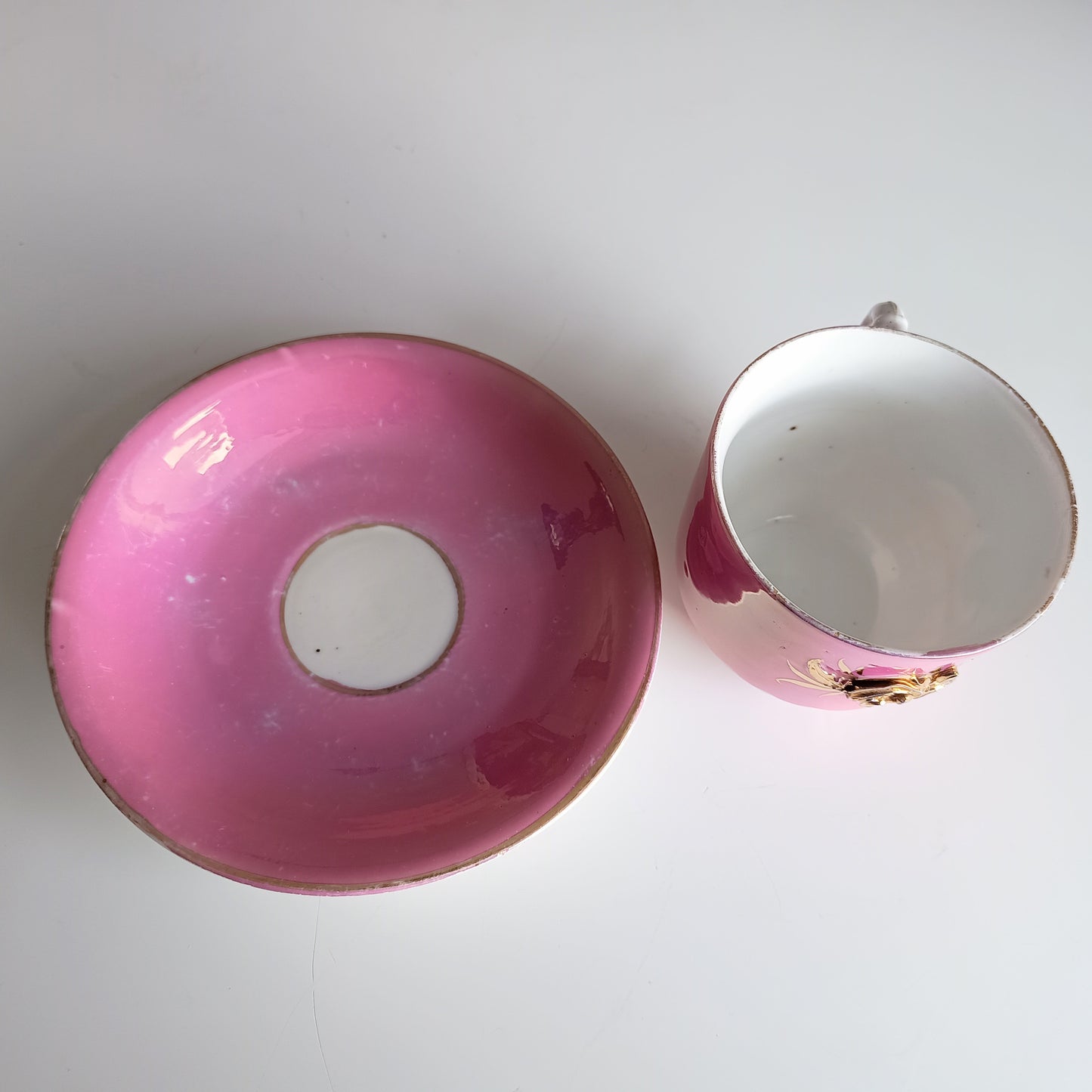 Antique Pink Lustre Tea Cup and Saucer Duo, Raised Gilt Floral Decor
