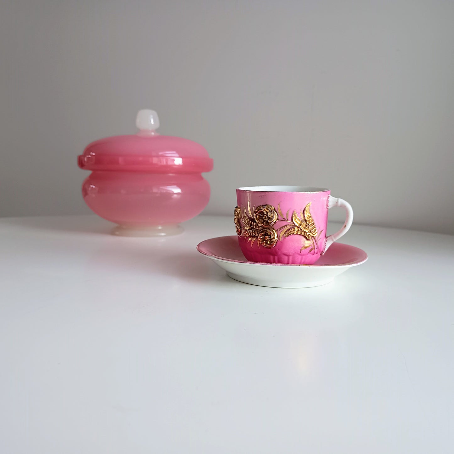 Antique Pink Lustre Tea Cup and Saucer Duo, Raised Gilt Floral Decor