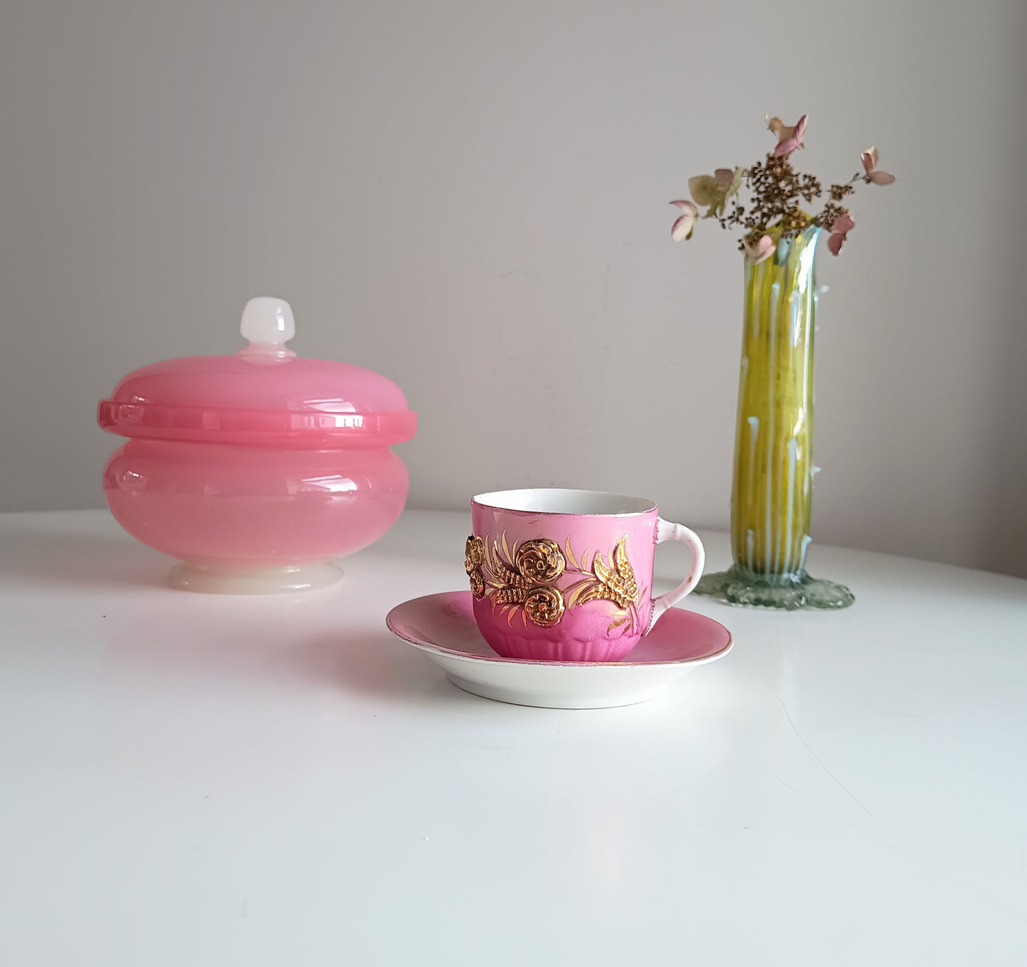 Antique Pink Lustre Tea Cup and Saucer Duo, Raised Gilt Floral Decor, pink opaline glass biscuit barrel or cookies jar 