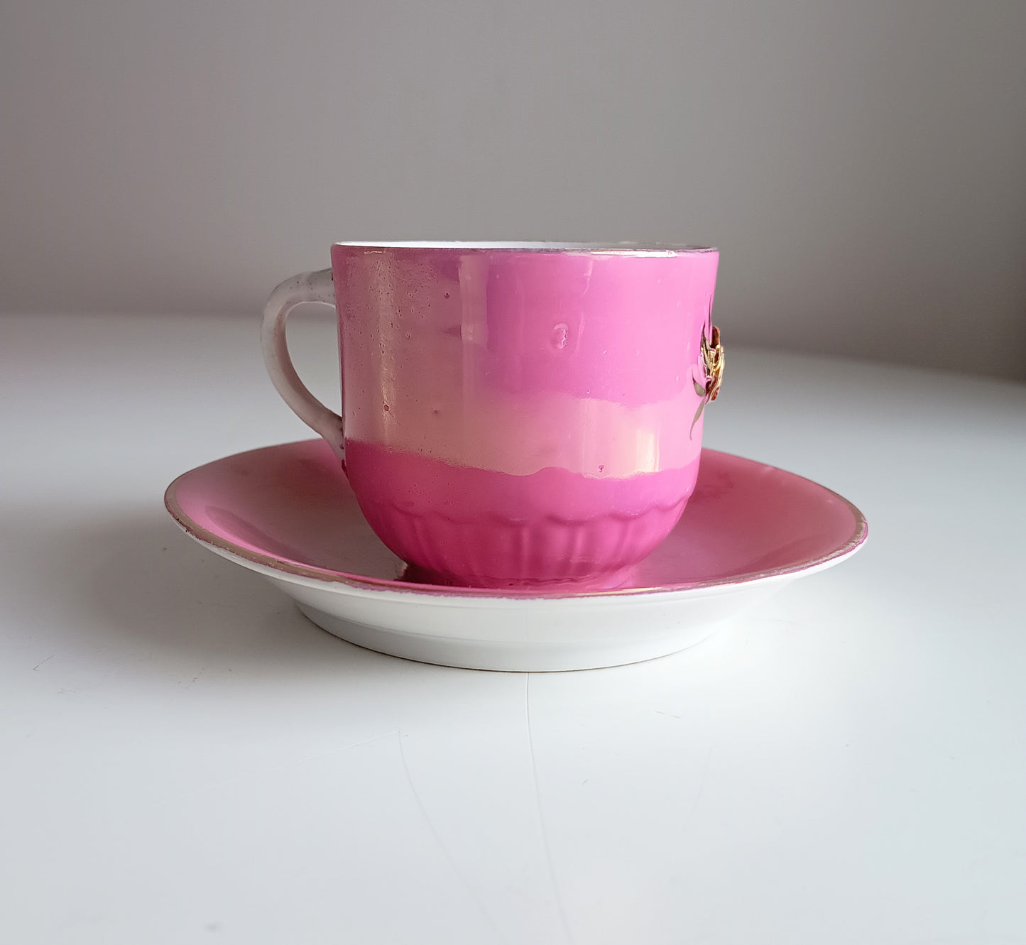 Antique Pink Lustre Tea Cup and Saucer Duo, Raised Gilt Floral Decor