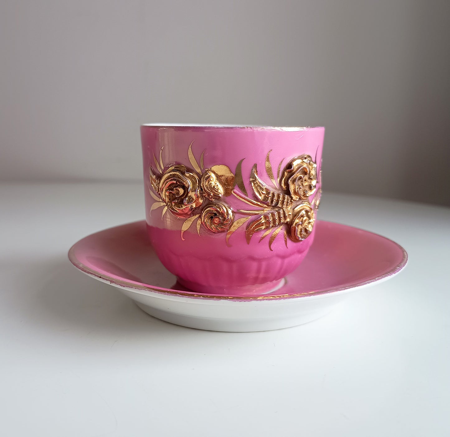 Antique Pink Lustre Tea Cup and Saucer Duo, Raised Gilt Floral Decor