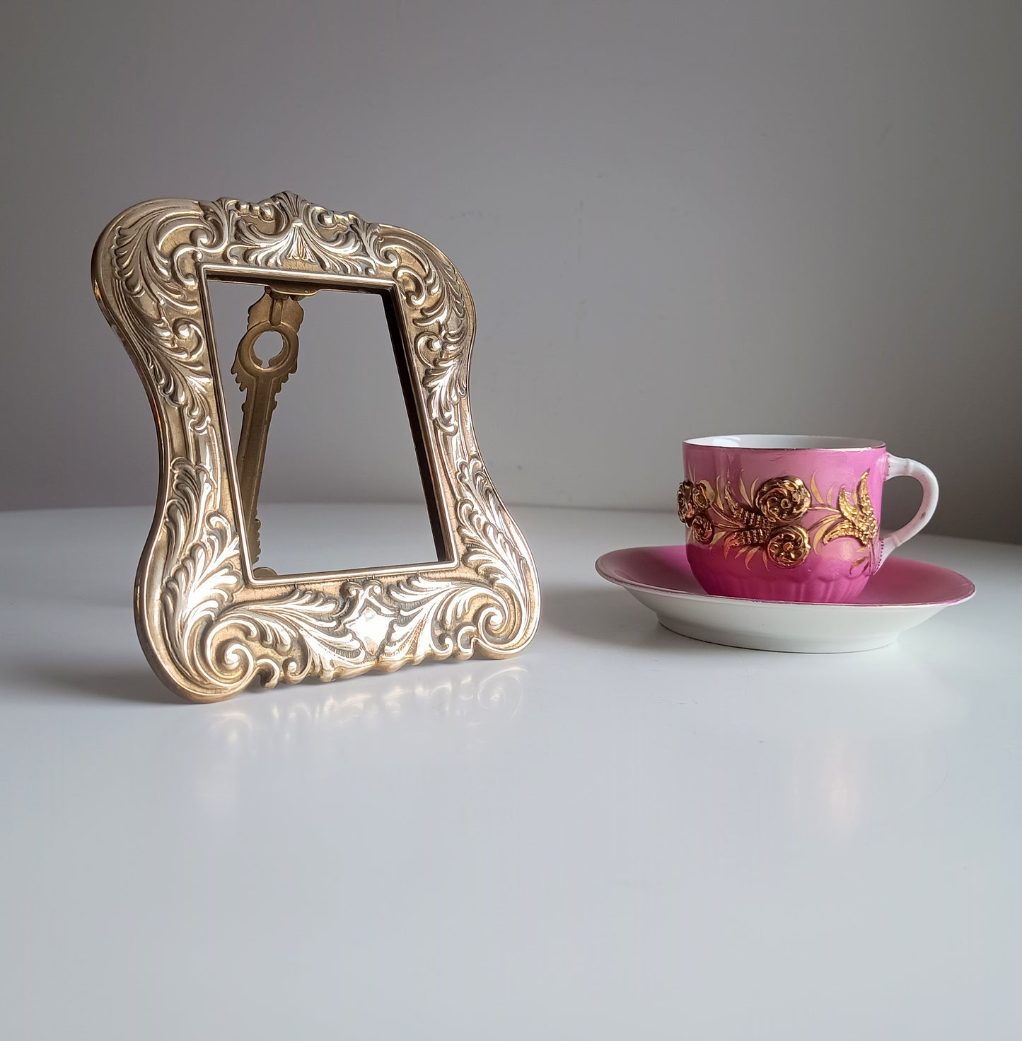 Vintage Solid Brass Art Nouveau Desktop Frame Antique Easel Photo Frame Pink tea cup shelf styling interior design 