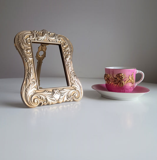 Vintage Solid Brass Art Nouveau Desktop Frame Antique Easel Photo Frame Pink tea cup shelf styling interior design 