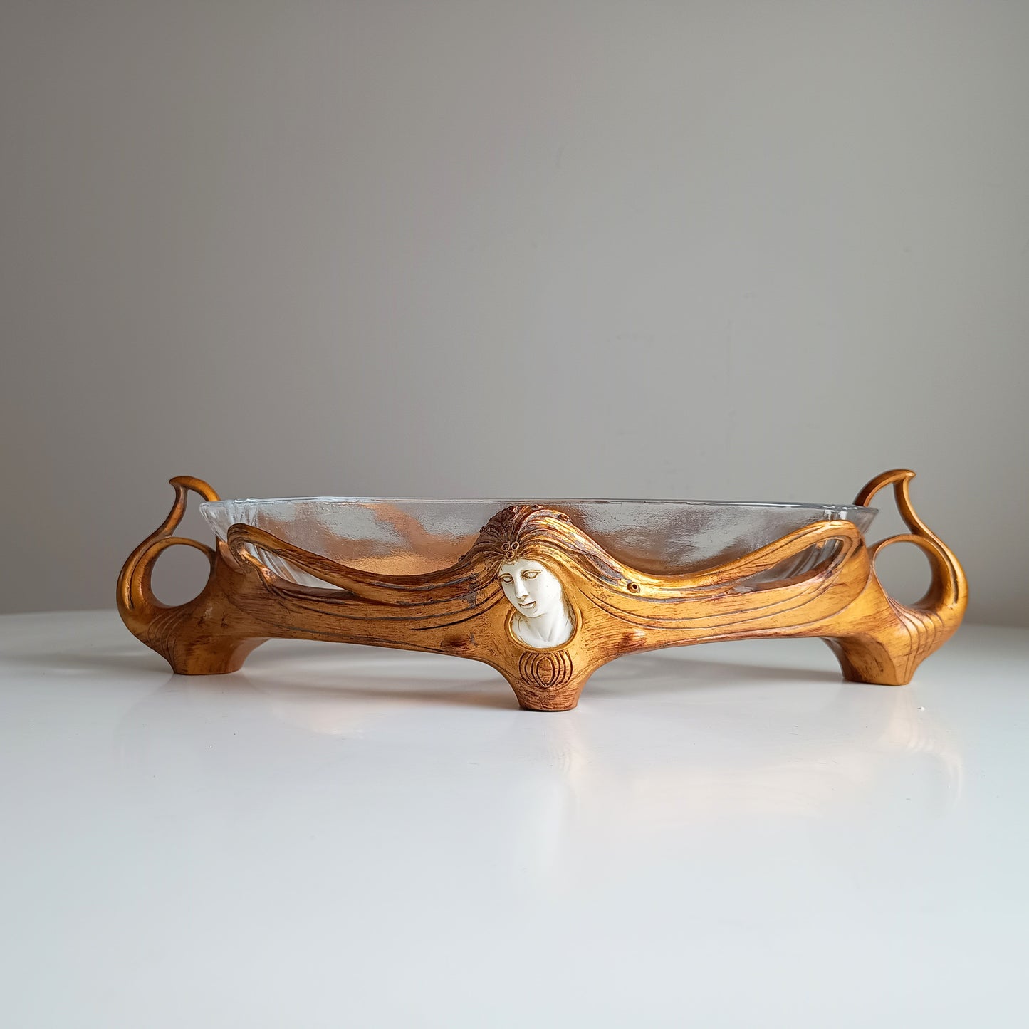 Art Nouveau Jugendstil Revival: Gilt Resin Base & Molded Glass Large Centrepiece Bowl in the style of Orivit and WMF