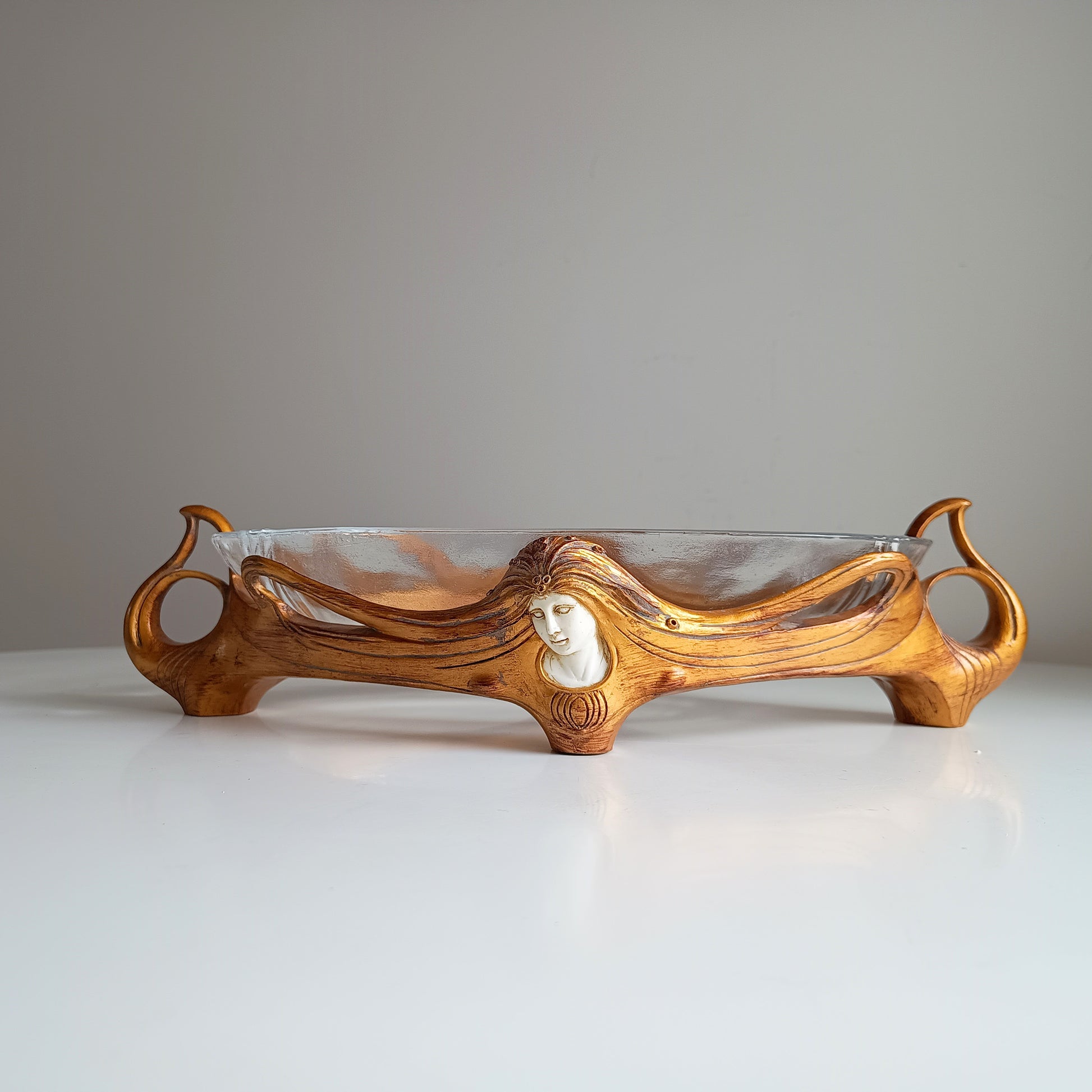 Art Nouveau Jugendstil Revival: Gilt Resin Base & Molded Glass Large Centrepiece Bowl in the style of Orivit and WMF