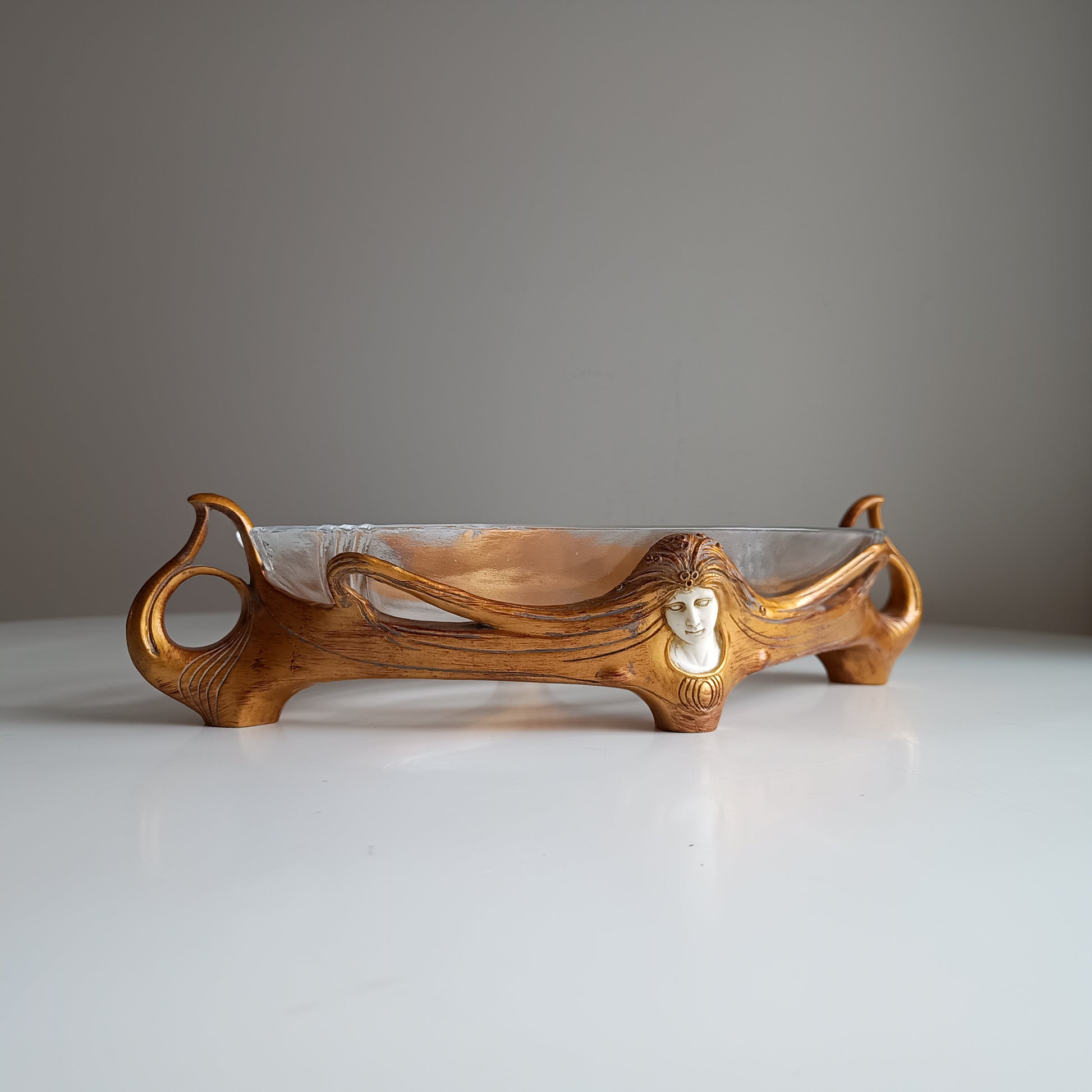 Art Nouveau Jugendstil Revival: Gilt Resin Base & Molded Glass Large Centrepiece Bowl in the style of Orivit and WMF