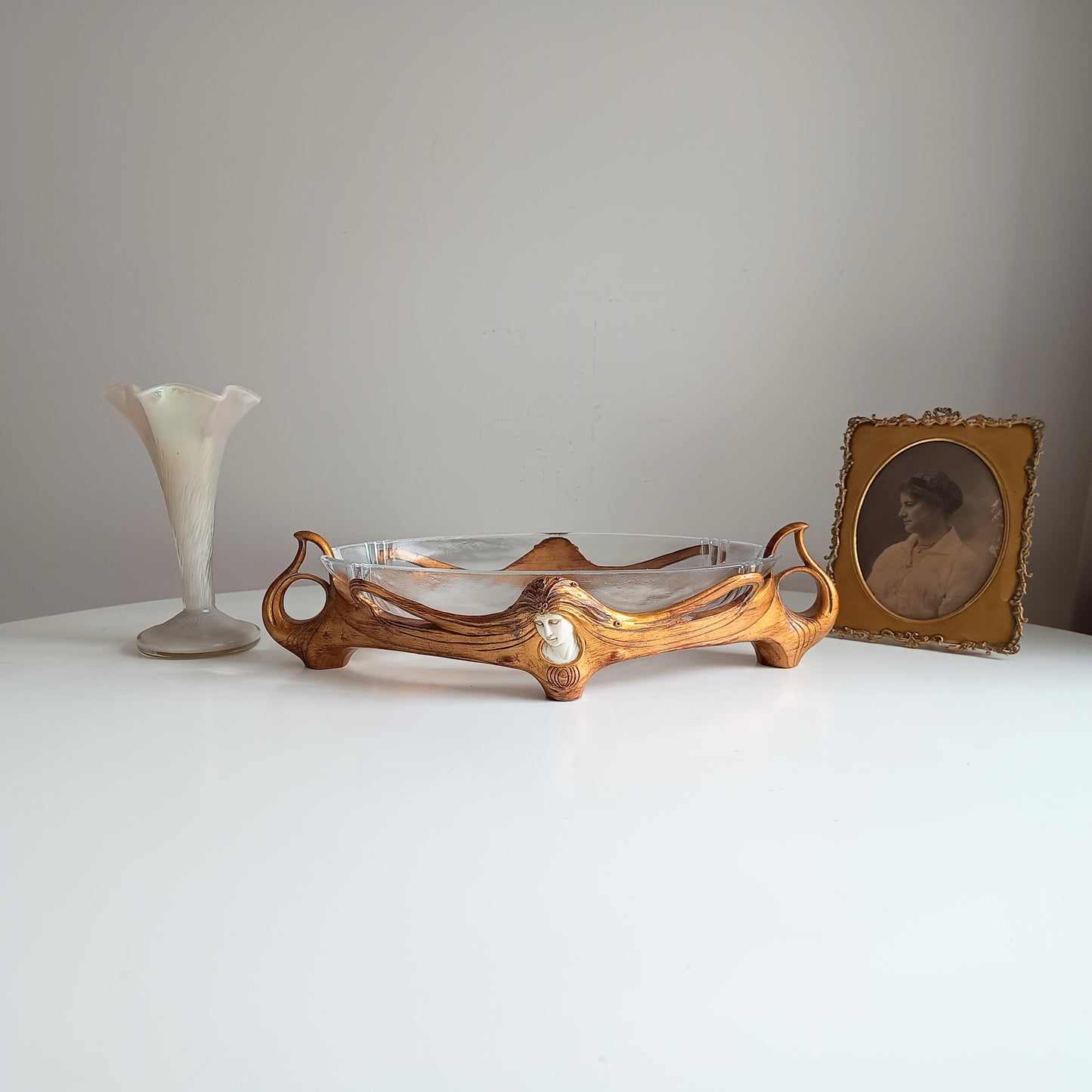 Art Nouveau Jugendstil Revival: Gilt Resin Base & Molded Glass Large Centrepiece Bowl in the style of Orivit and WMF