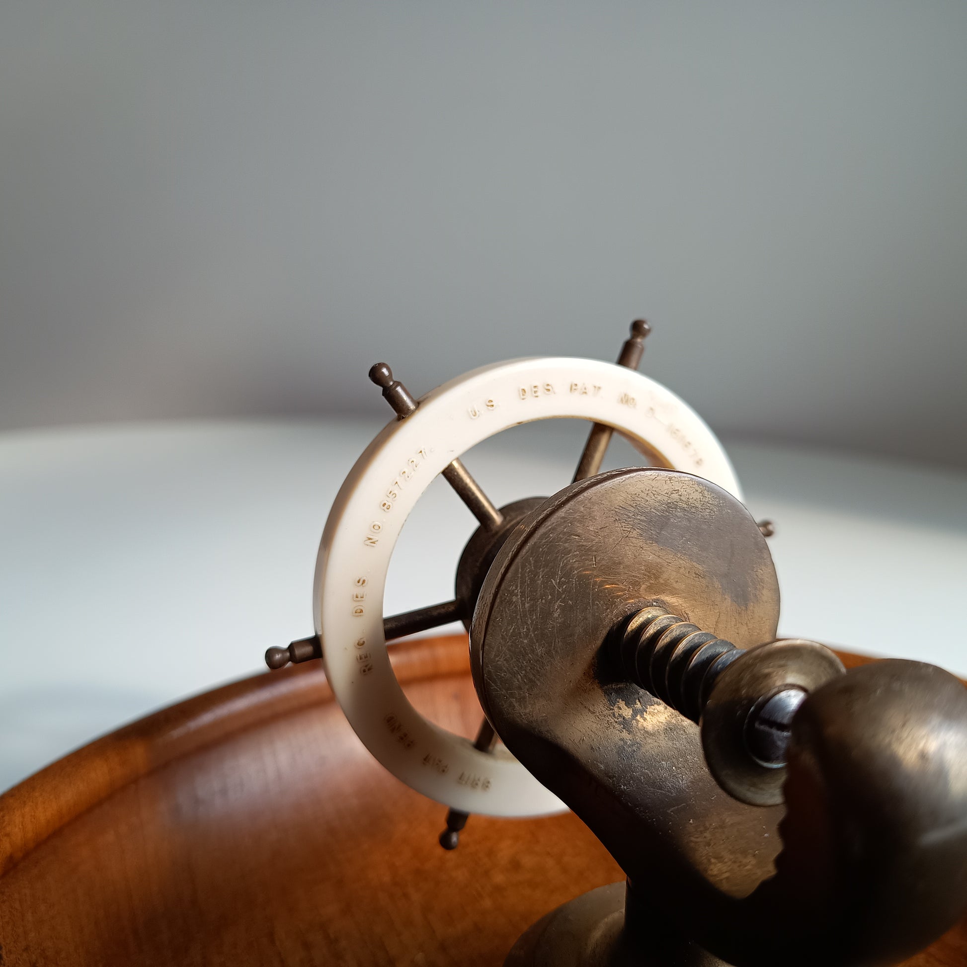 Novelty Nautical Vintage English Signed Ships Wheel Nut Cracker with Wood Turned Bowl, circa 1930s
