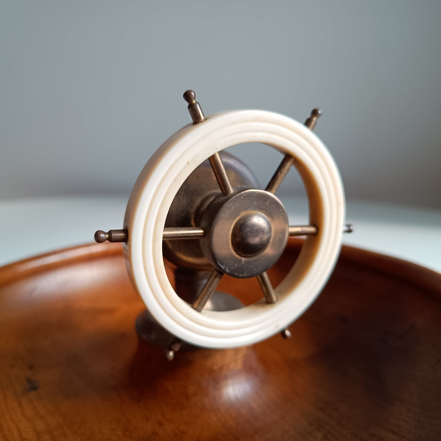 Novelty Nautical Vintage English Signed Ships Wheel Nut Cracker with Wood Turned Bowl, circa 1930s