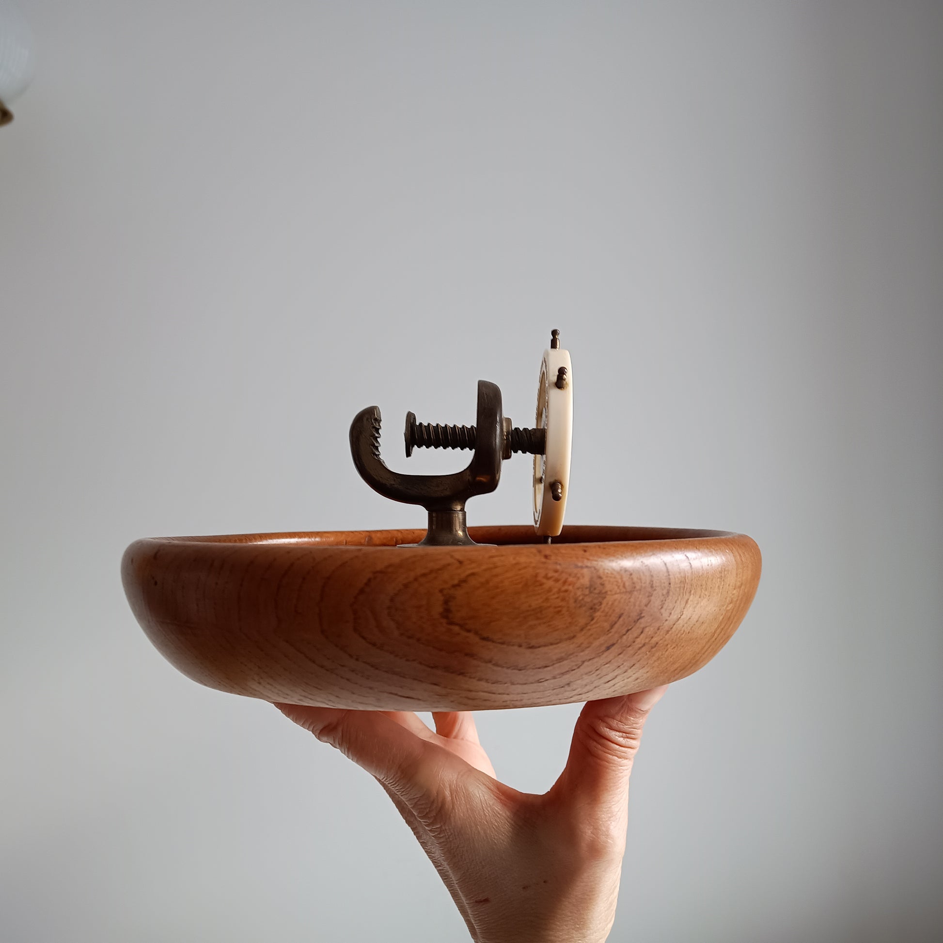 Novelty Nautical Vintage English Signed Ships Wheel Nut Cracker with Wood Turned Bowl, circa 1930s