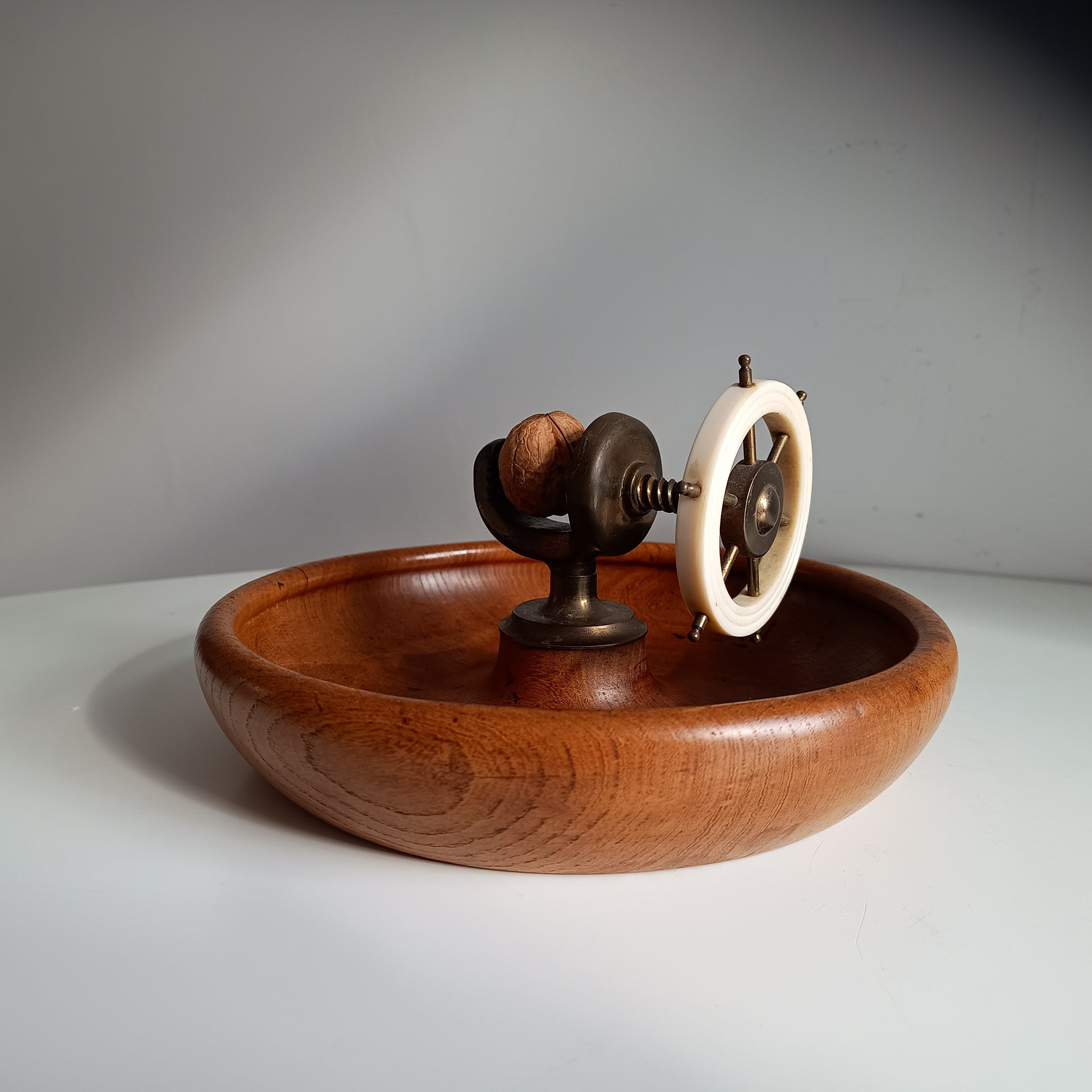 Novelty Nautical Vintage English Signed Ships Wheel Nut Cracker with Wood Turned Bowl, circa 1930s