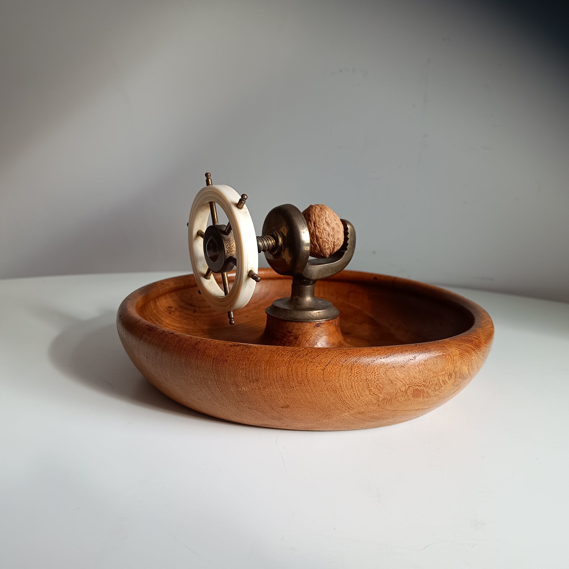 Novelty Nautical Vintage English Signed Ships Wheel Nut Cracker with Wood Turned Bowl, circa 1930s