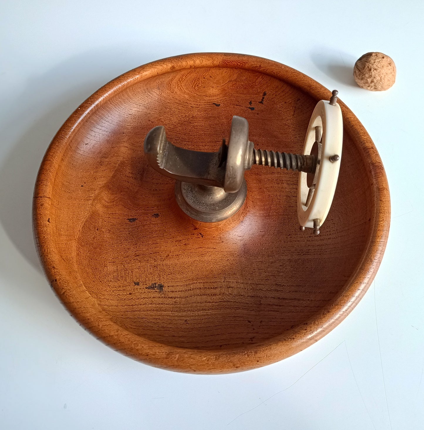 Novelty Nautical Vintage English Signed Ships Wheel Nut Cracker with Wood Turned Bowl, circa 1930s