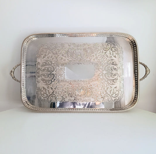 Large Vintage English Galleried Tray: Decorative Feet & Handles, Silver on Copper mark