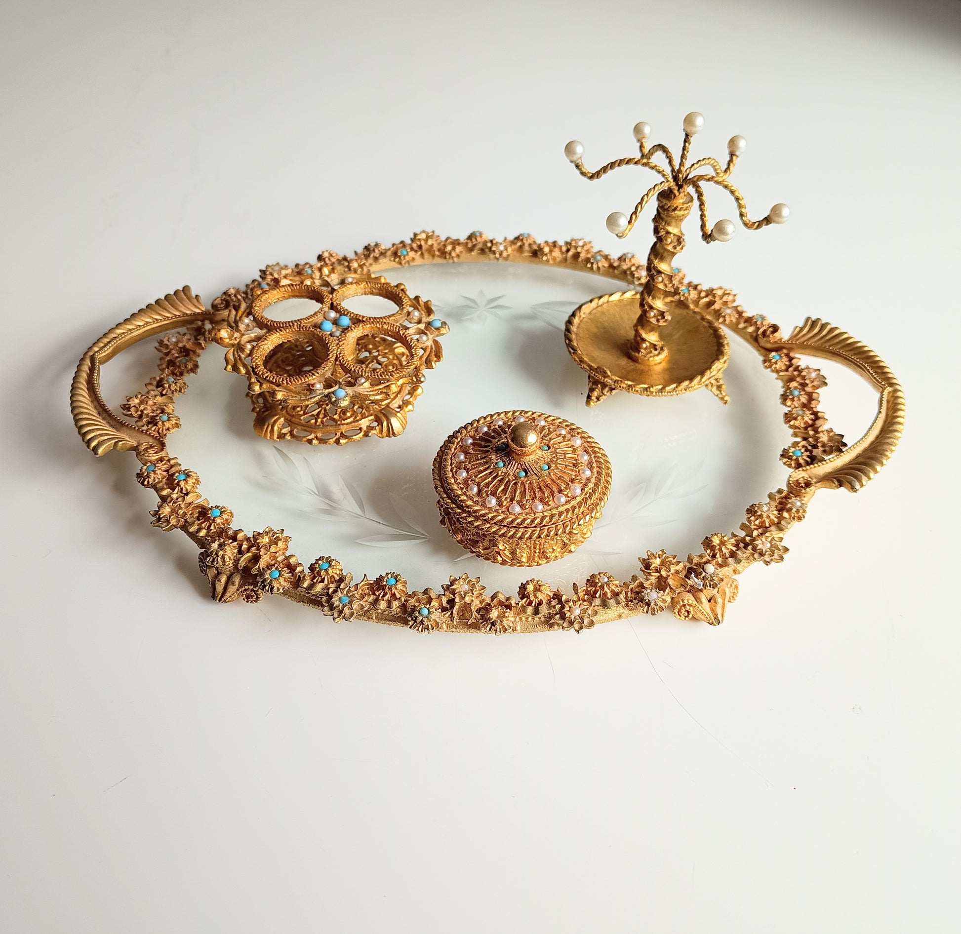 Vintage English Mirella Vanity Set: Hollywood Regency Tray, Box, Lipstick Holder