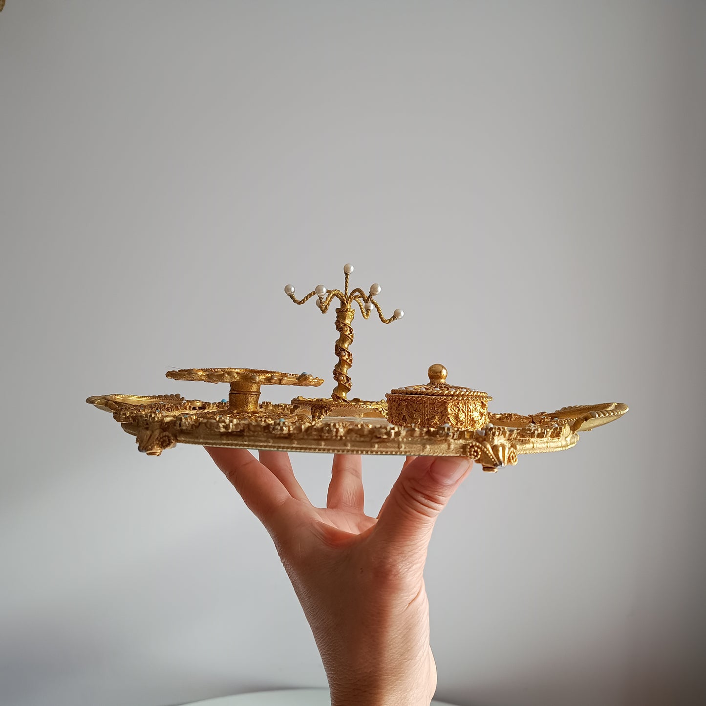 Vintage English Mirella Vanity Set: Hollywood Regency Tray, Box, Lipstick Holder