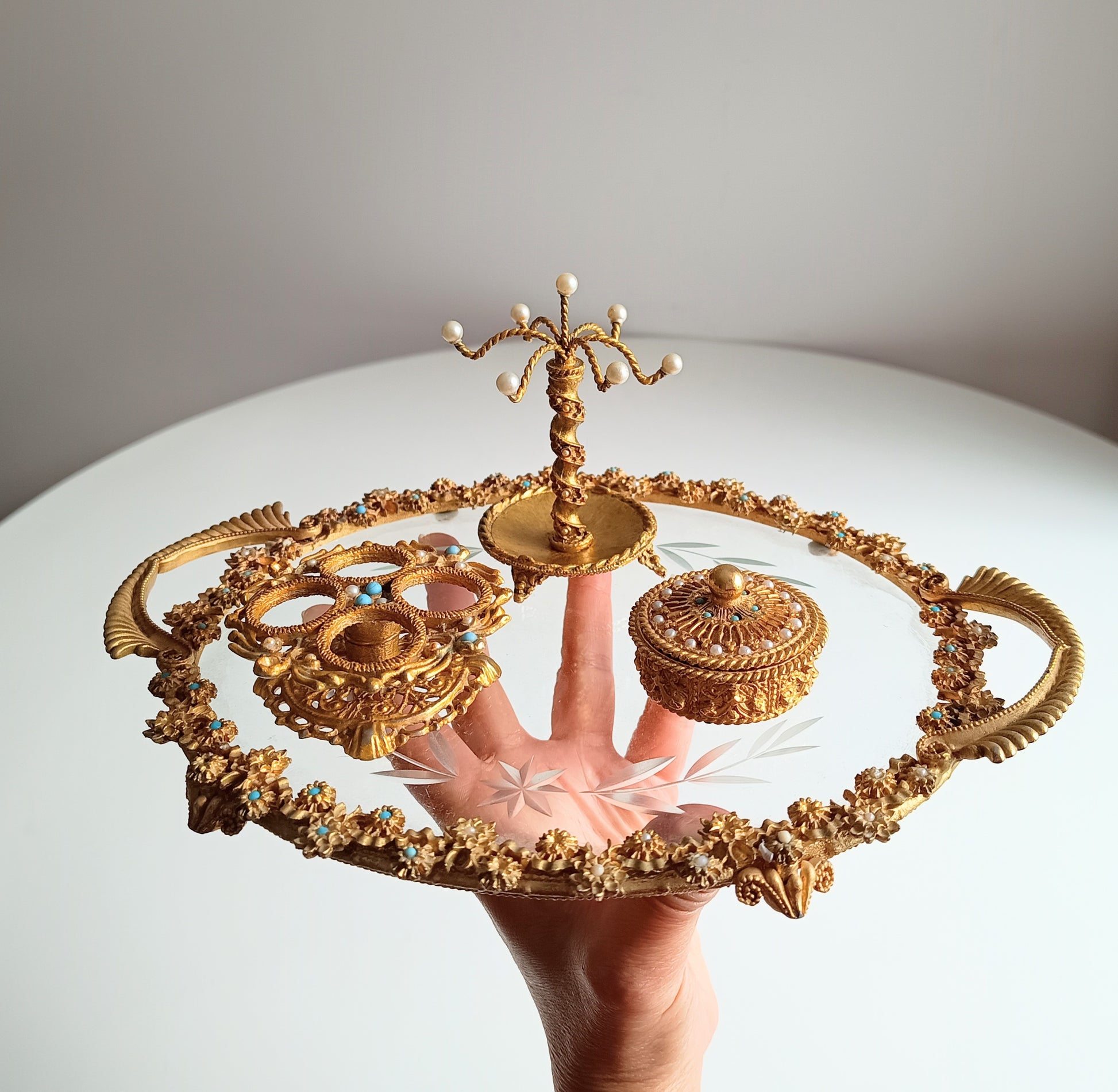 Vintage English Mirella Vanity Set: Hollywood Regency Tray, Box, Lipstick Holder