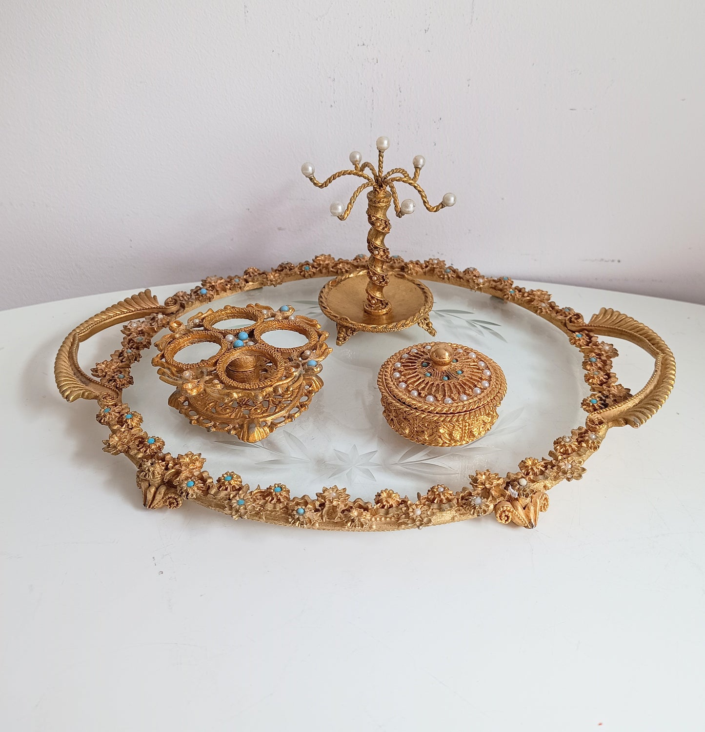 Vintage English Mirella Vanity Set: Hollywood Regency Tray, Box, Lipstick Holder