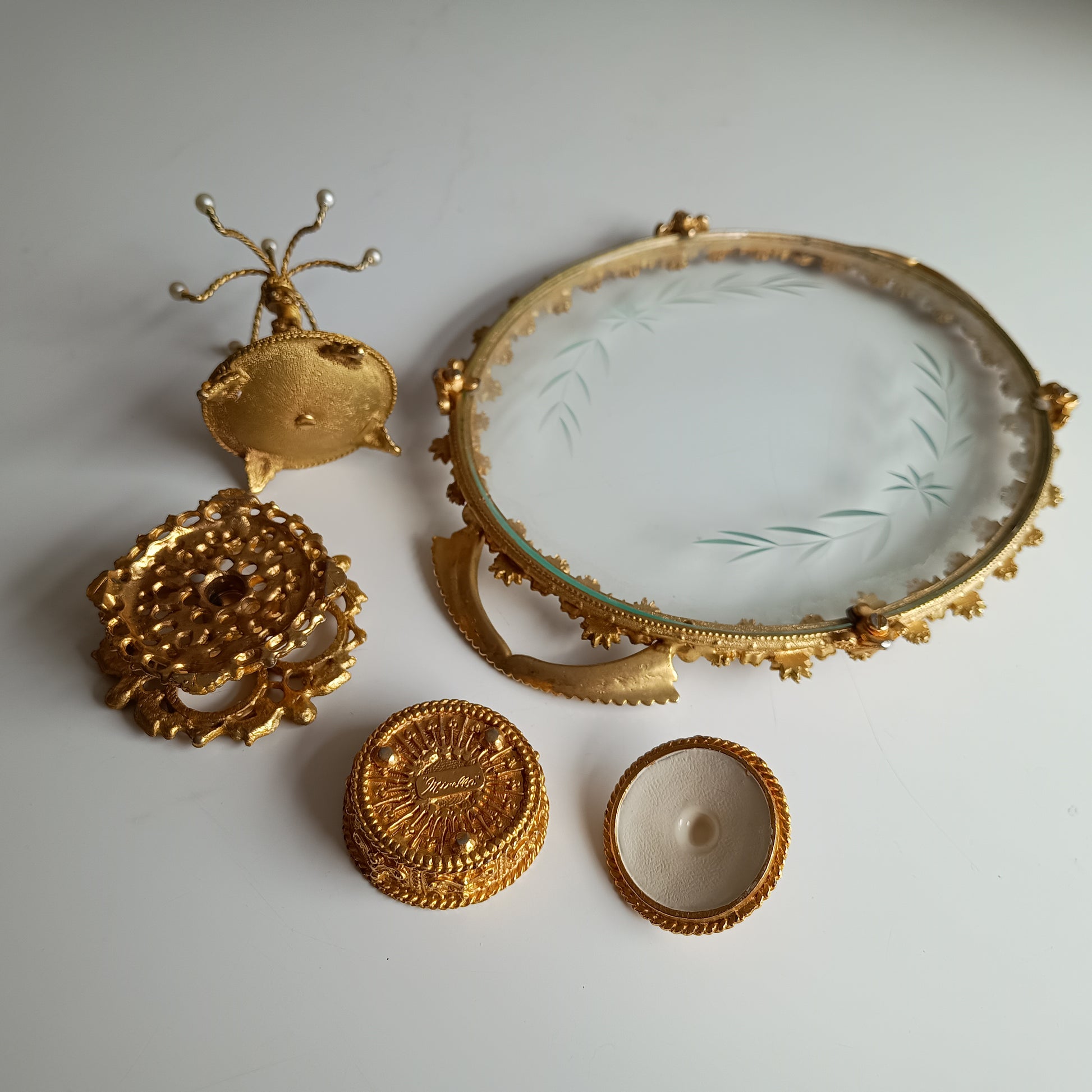 Vintage English Mirella Vanity Set: Hollywood Regency Tray, Box, Lipstick Holder