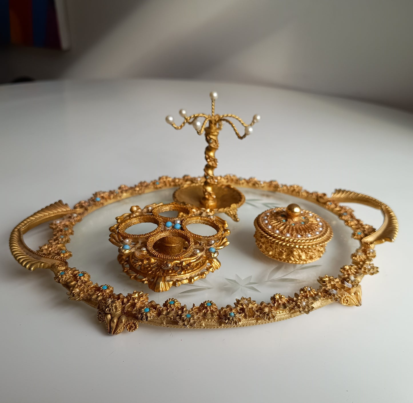 Vintage English Mirella Vanity Set: Hollywood Regency Tray, Box, Lipstick Holder