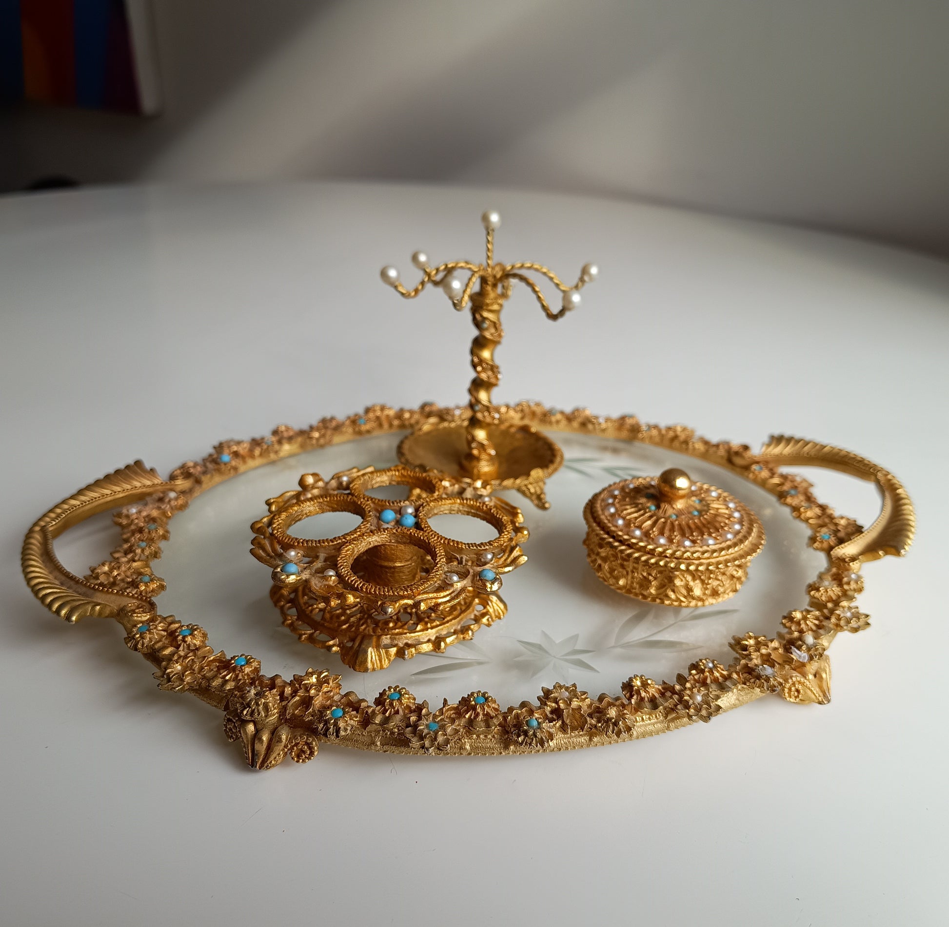 Vintage English Mirella Vanity Set: Hollywood Regency Tray, Box, Lipstick Holder