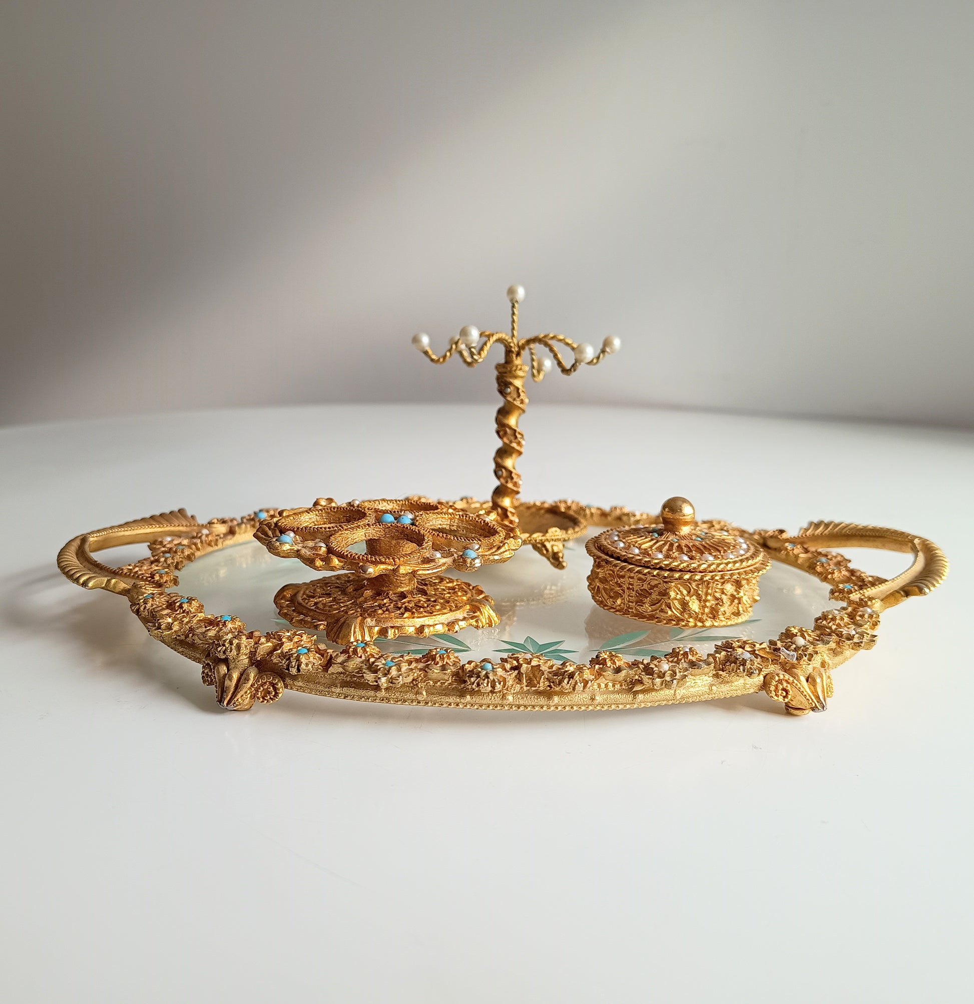 Vintage English Mirella Vanity Set: Hollywood Regency Tray, Box, Lipstick Holder