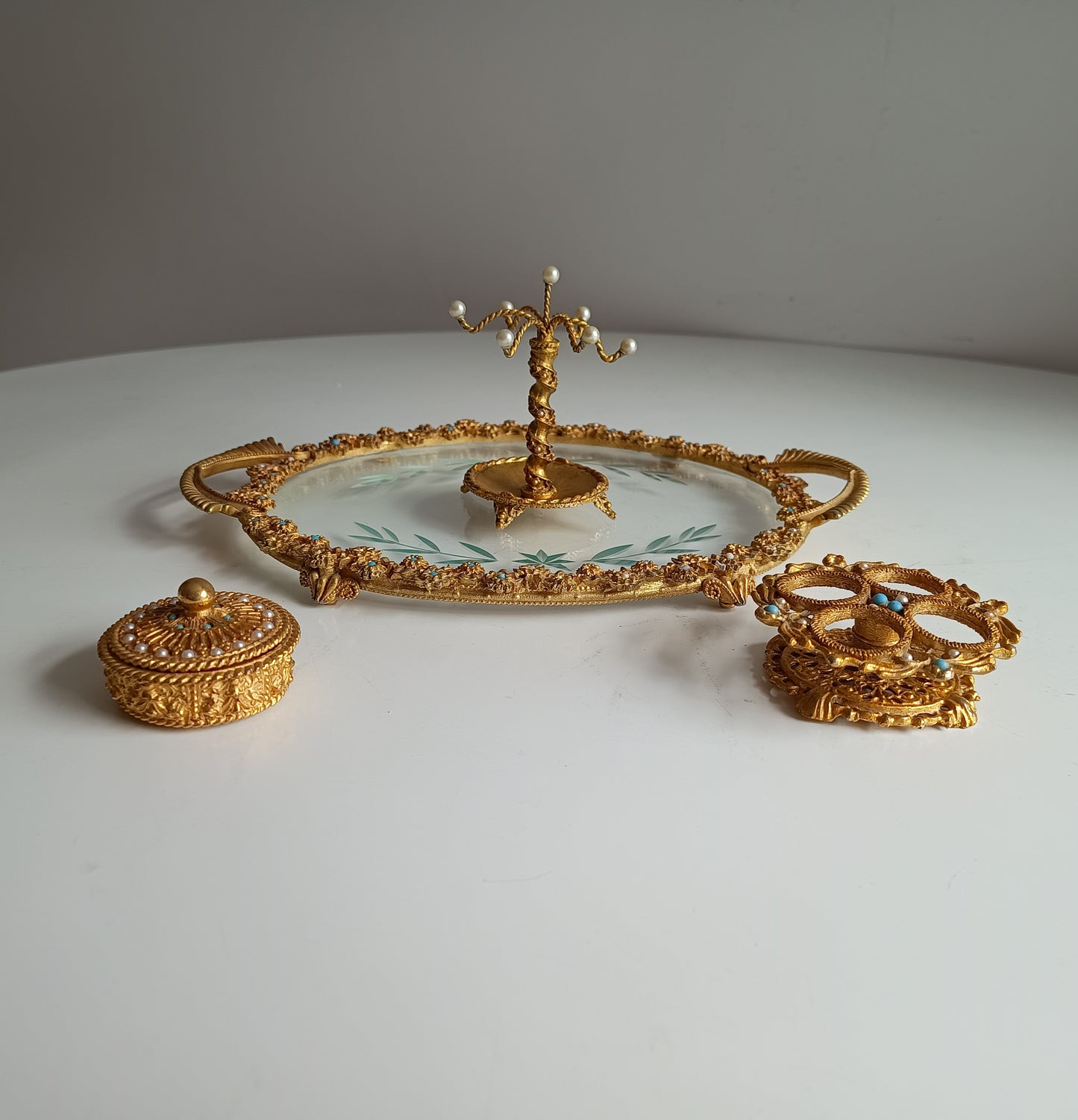 Vintage English Mirella Vanity Set: Hollywood Regency Tray, Box, Lipstick Holder